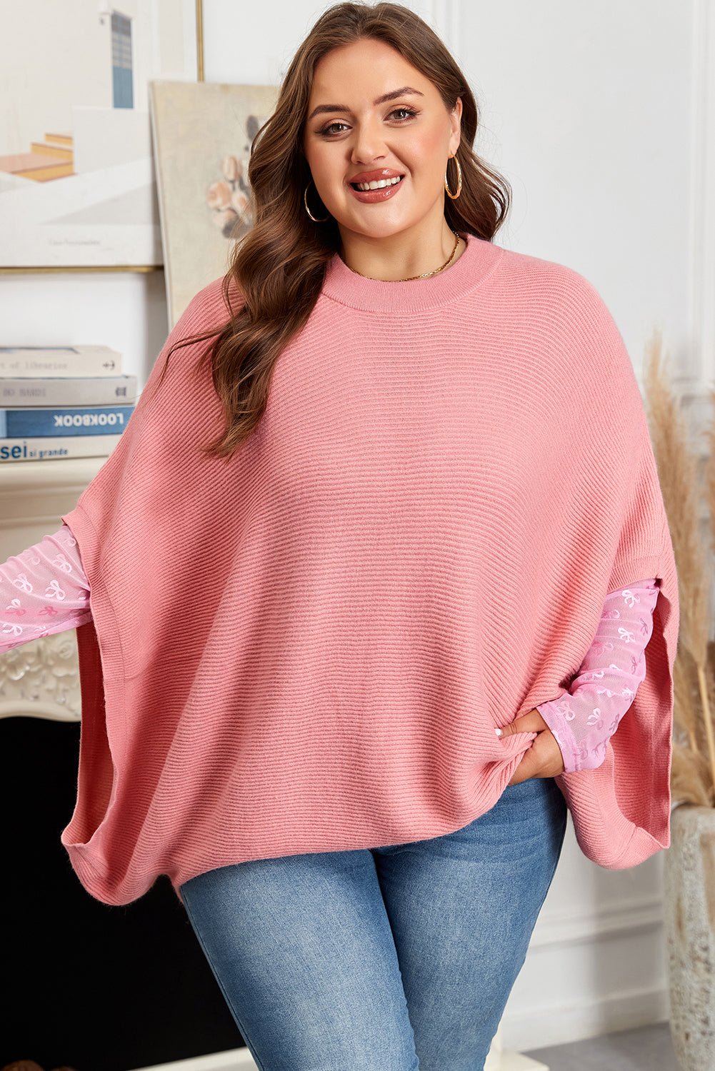 Plus Size Ribbed Knit Crewneck Poncho Sweater - Rooted & Reckless Co.