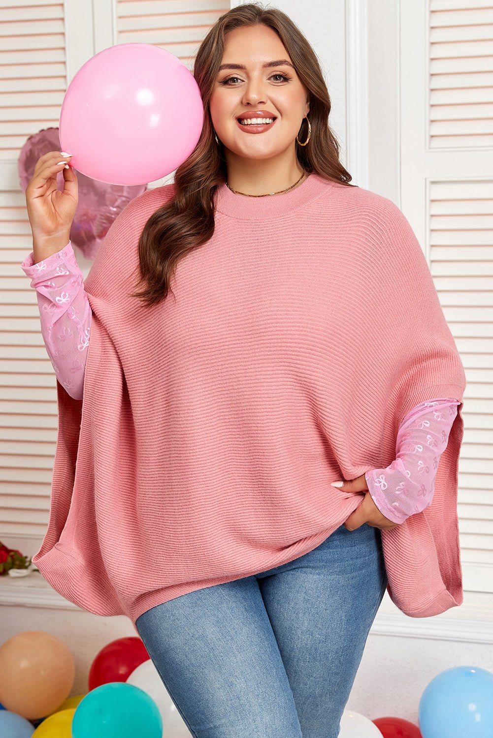 Plus Size Ribbed Knit Crewneck Poncho Sweater - Rooted & Reckless Co.