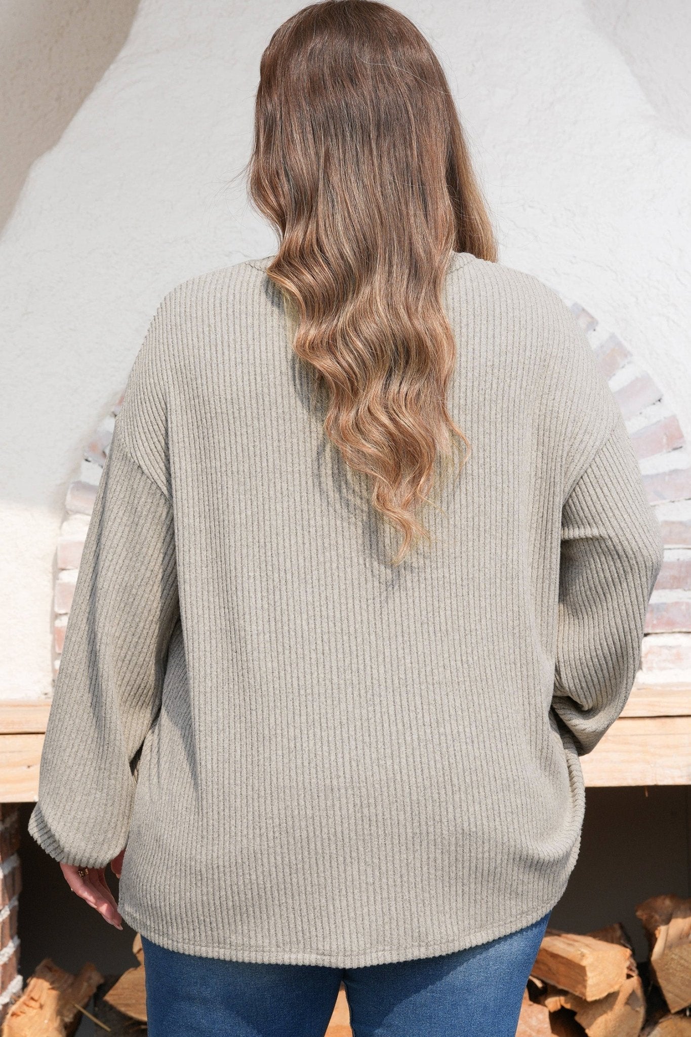 Plus Size Ribbed Knit Kangaroo Pocket Henley Top - Rooted & Reckless Co.