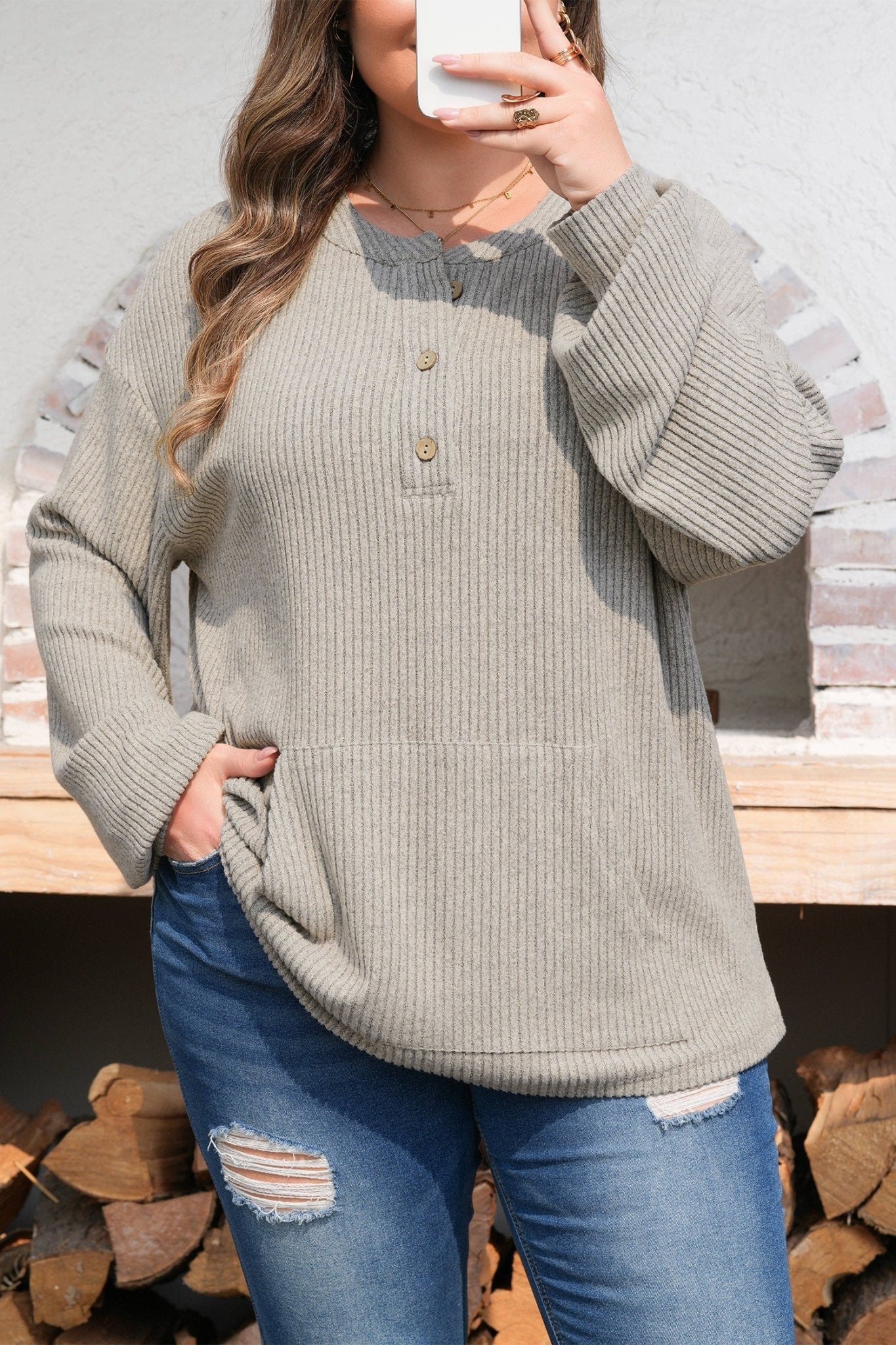 Plus Size Ribbed Knit Kangaroo Pocket Henley Top - Rooted & Reckless Co.