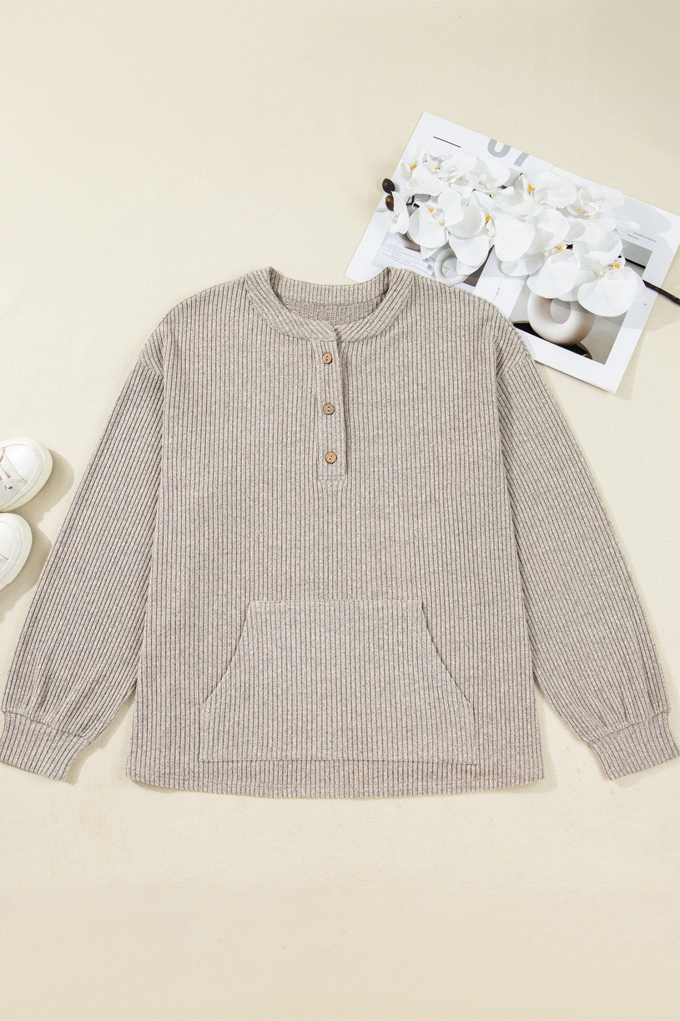 Plus Size Ribbed Knit Kangaroo Pocket Henley Top - Rooted & Reckless Co.