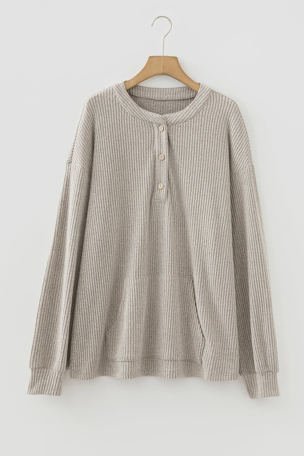 Plus Size Ribbed Knit Kangaroo Pocket Henley Top - Rooted & Reckless Co.