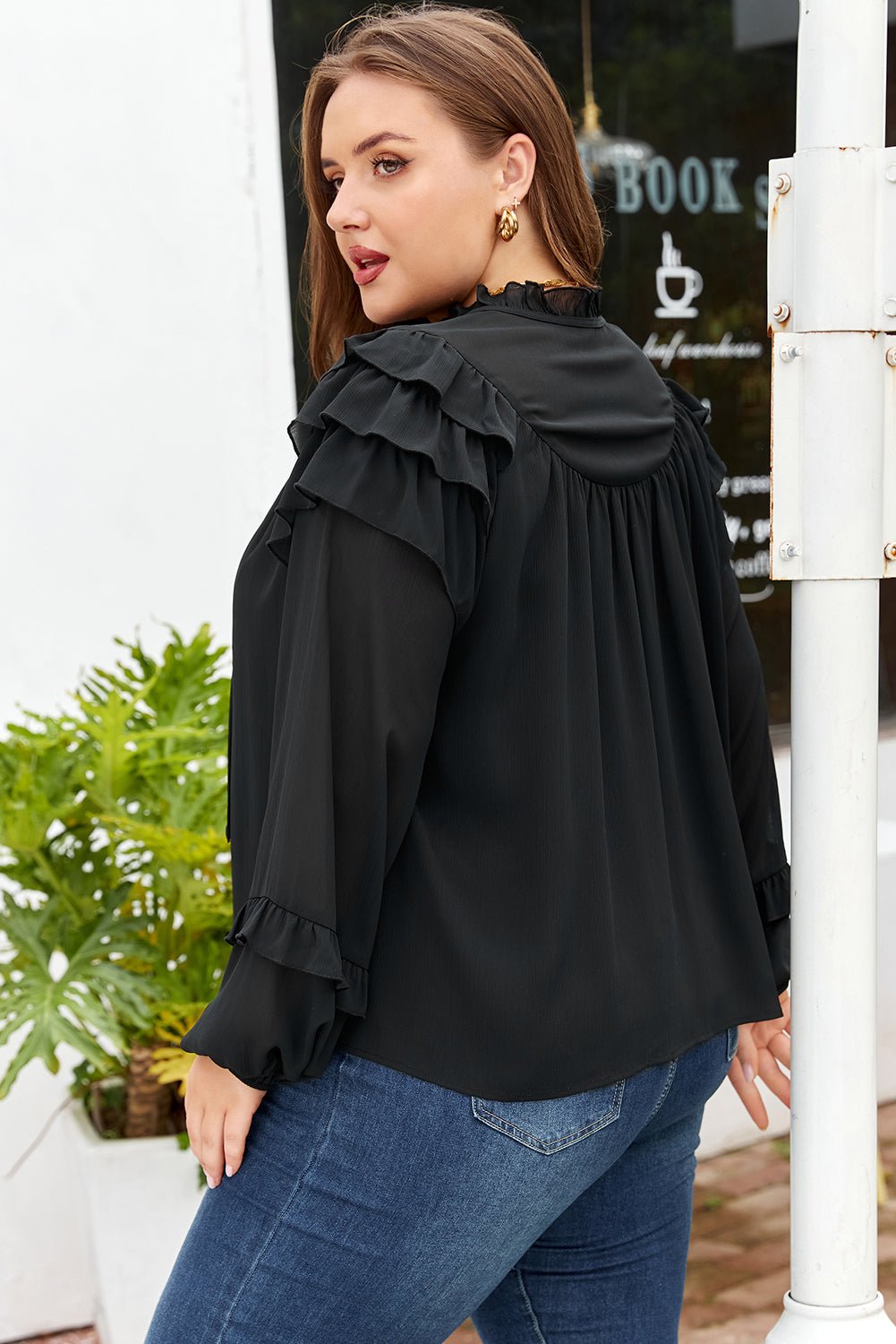 Plus Size Ruffle Balloon Sleeve Chiffon Shirt - Rooted & Reckless Co.