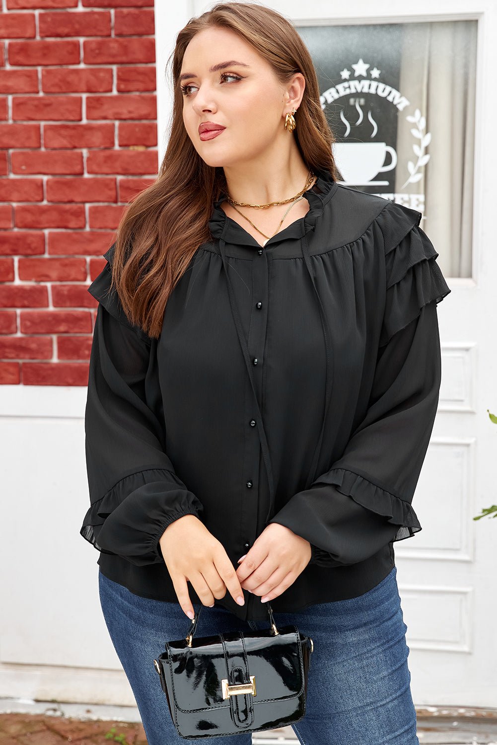 Plus Size Ruffle Balloon Sleeve Chiffon Shirt - Rooted & Reckless Co.