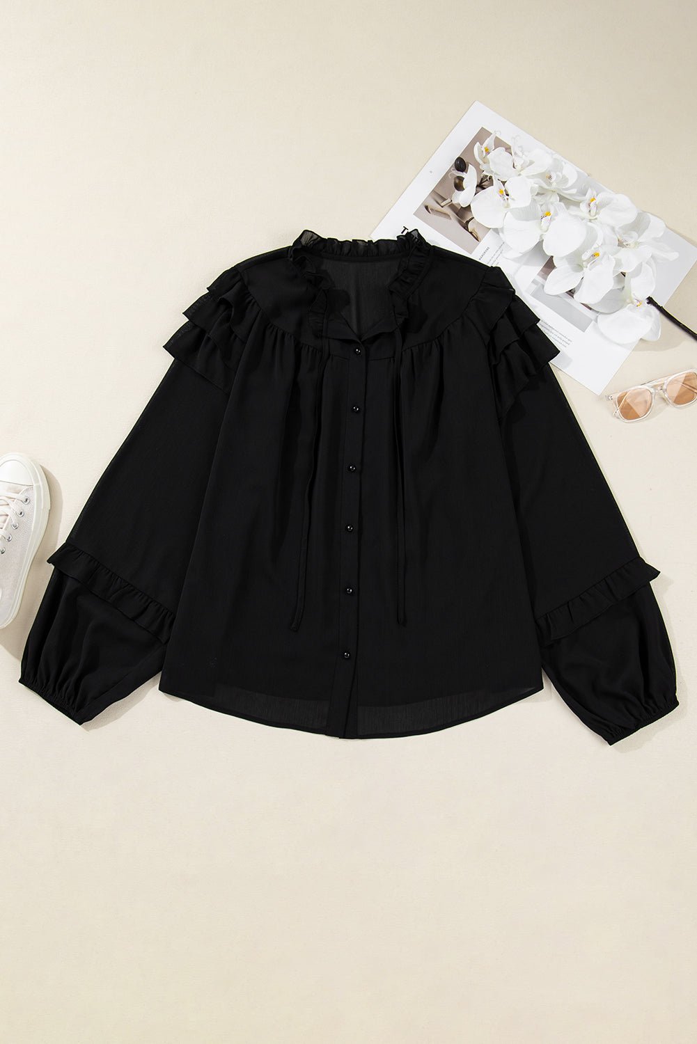 Plus Size Ruffle Balloon Sleeve Chiffon Shirt - Rooted & Reckless Co.