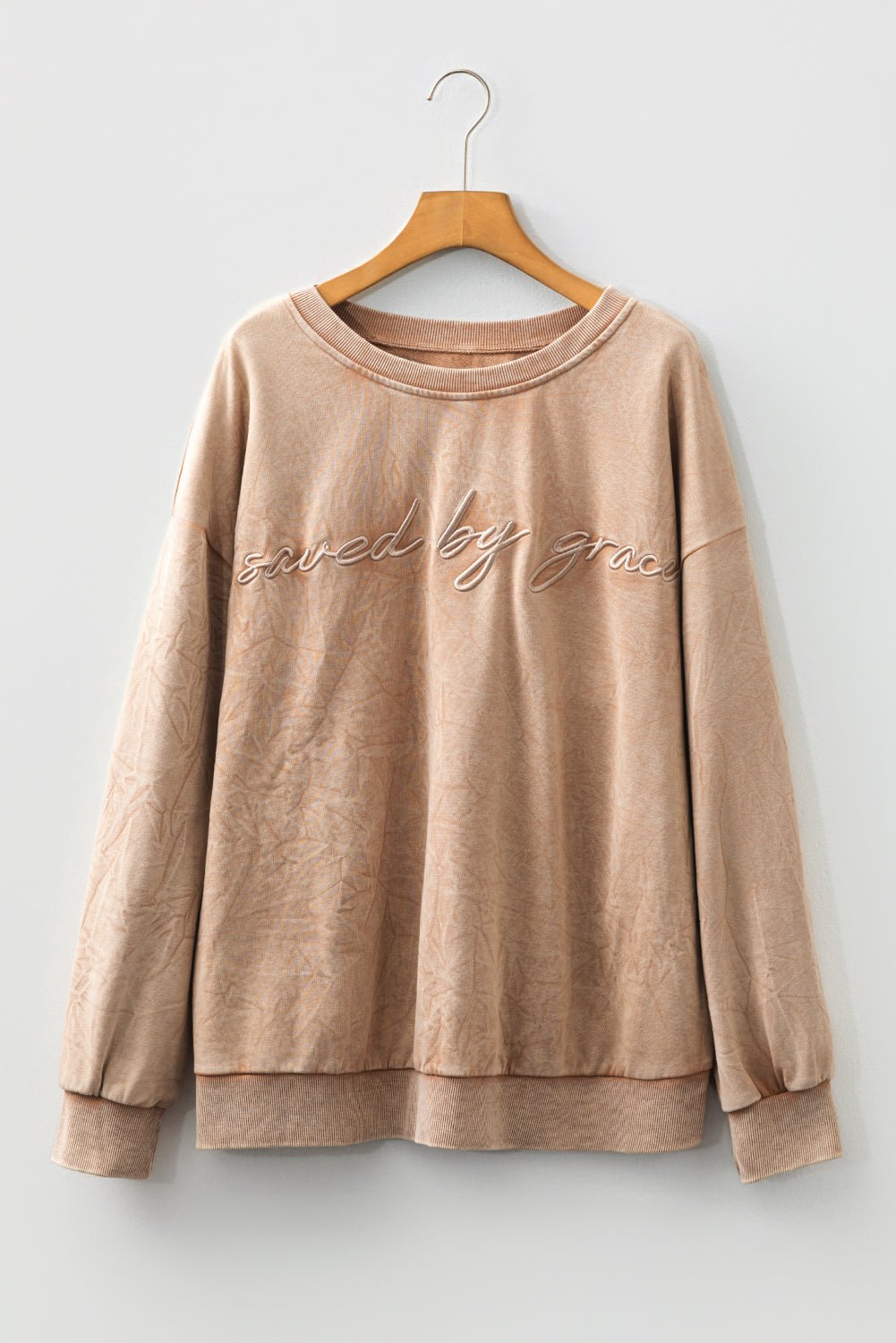 Plus Size Saved by Grace Embroidered Mineral Wash Sweatshirt - Rooted & Reckless Co.