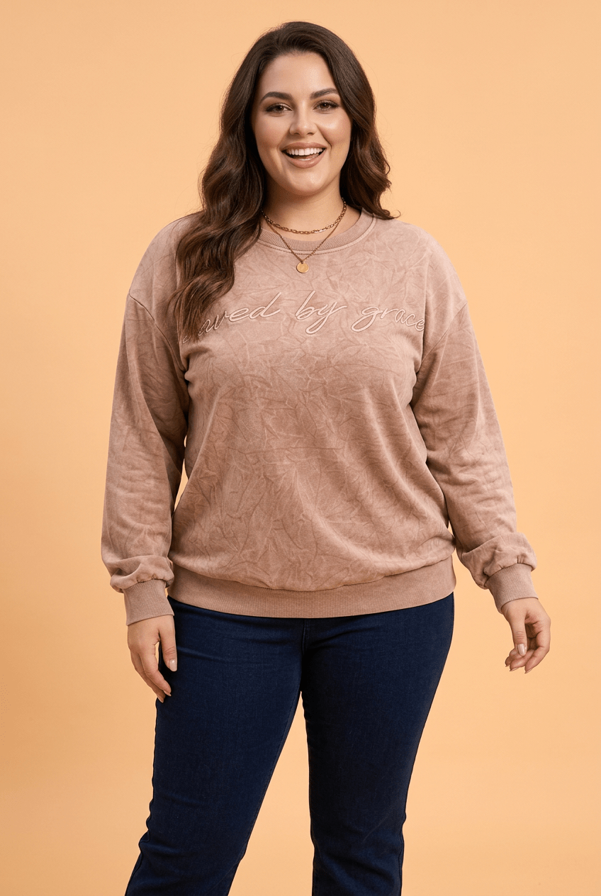Plus Size Saved by Grace Embroidered Mineral Wash Sweatshirt - Rooted & Reckless Co.