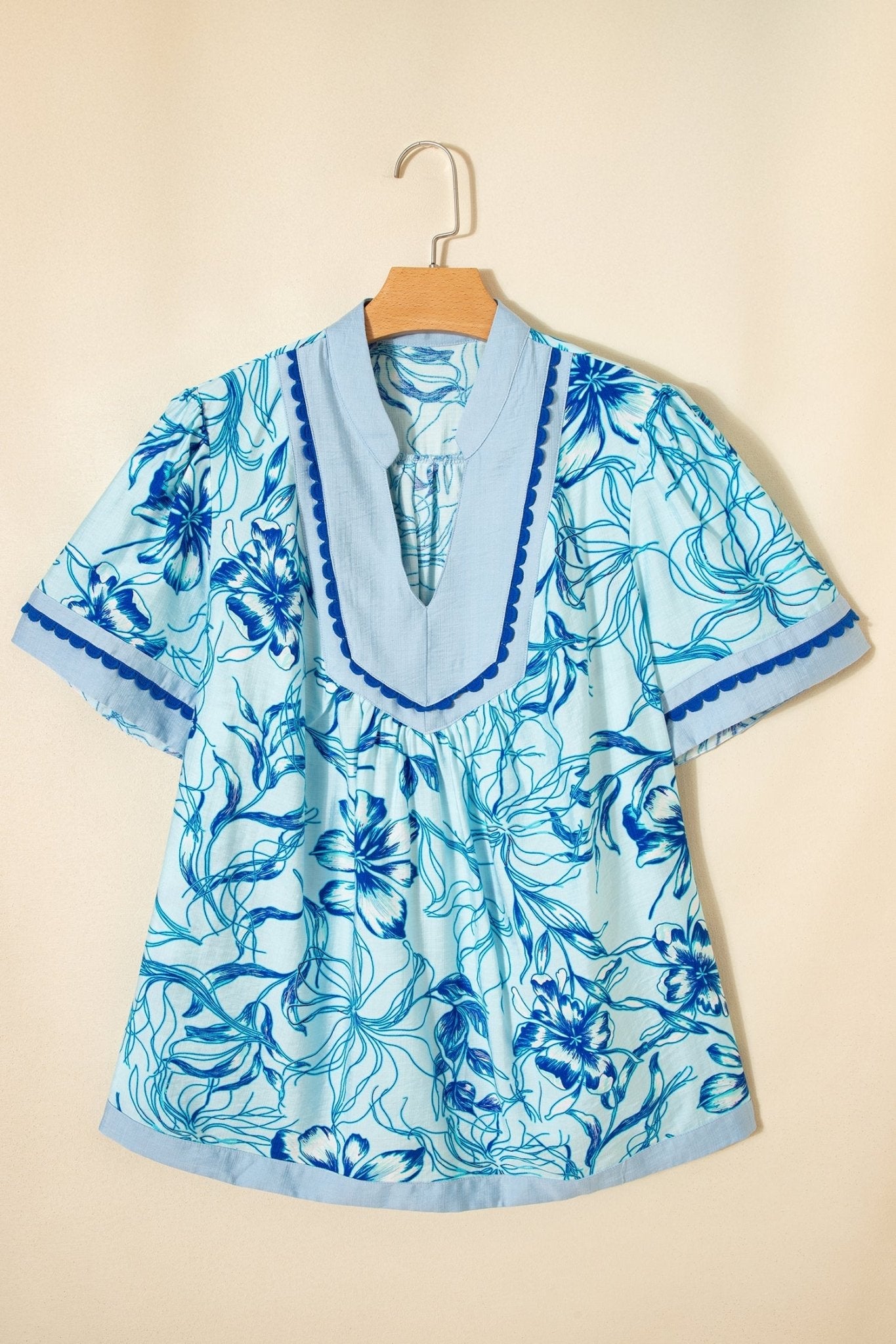 Plus Size Scallop Trim Floral Short Sleeve Blouse - Rooted & Reckless Co.