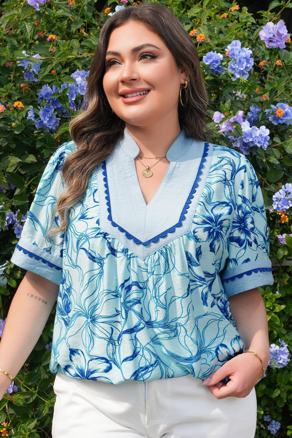 Plus Size Scallop Trim Floral Short Sleeve Blouse - Rooted & Reckless Co.