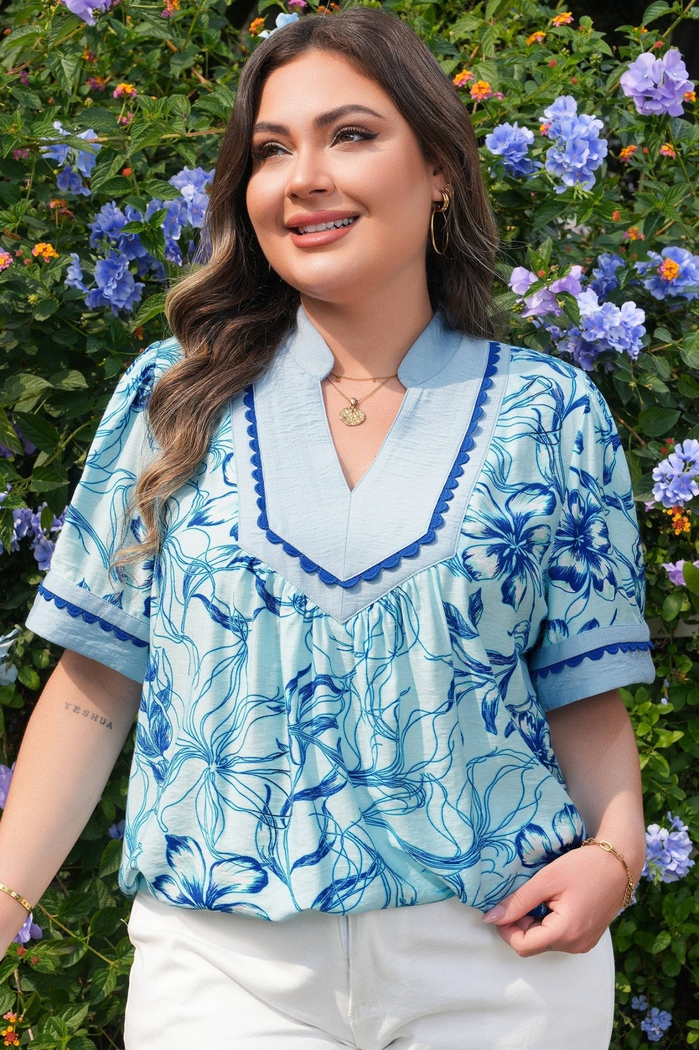 Plus Size Scallop Trim Floral Short Sleeve Blouse - Rooted & Reckless Co.