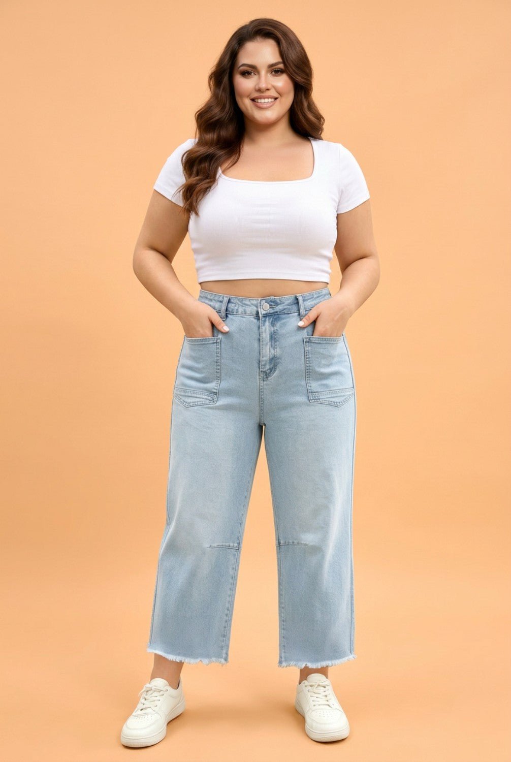 Plus Size Seam Patch Pocket Raw Cut Jeans - Rooted & Reckless Co.