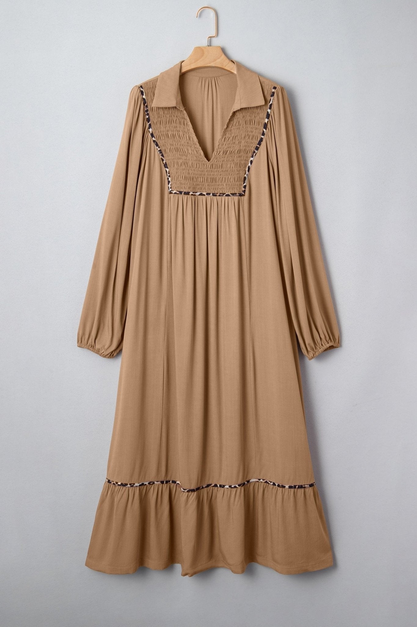 Plus Size Smocked V-Neck Leopard Piping Maxi Dress - Rooted & Reckless Co.