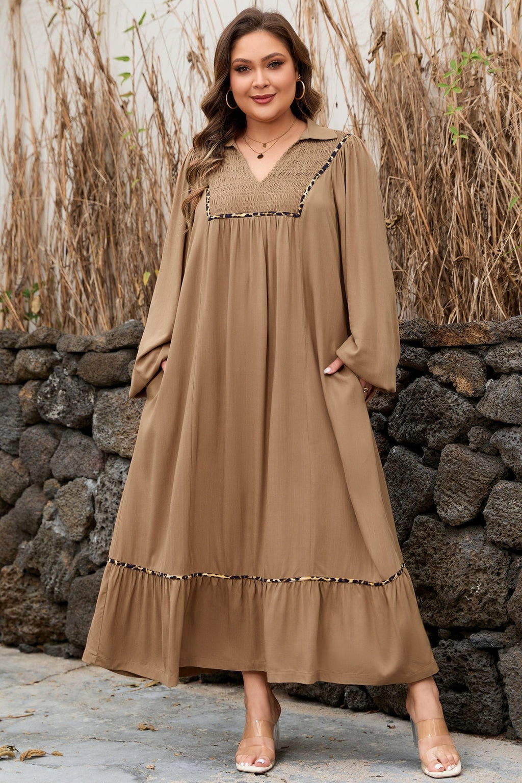 Plus Size Smocked V-Neck Leopard Piping Maxi Dress - Rooted & Reckless Co.