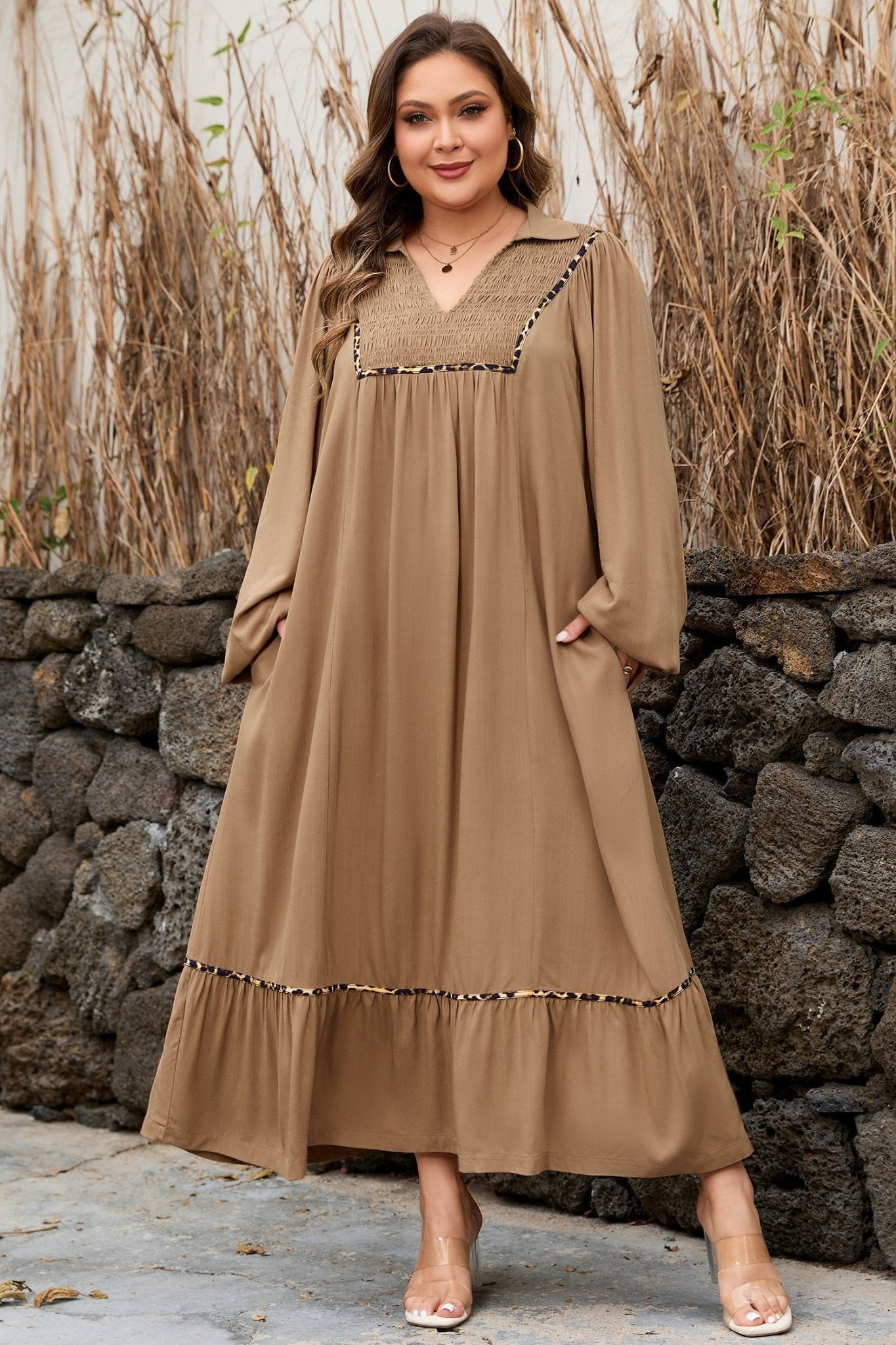 Plus Size Smocked V-Neck Leopard Piping Maxi Dress - Rooted & Reckless Co.