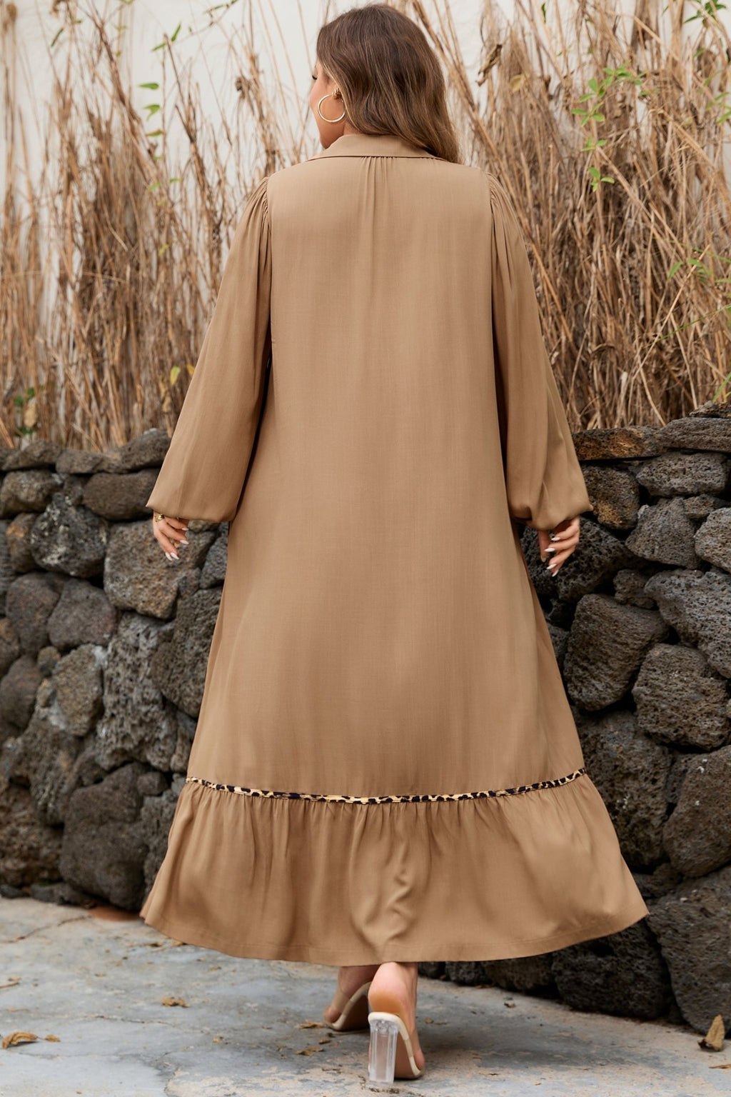 Plus Size Smocked V-Neck Leopard Piping Maxi Dress - Rooted & Reckless Co.