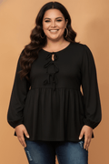 Plus Size Solid Bow Tie Front Long Sleeve Blouse - Rooted & Reckless Co.