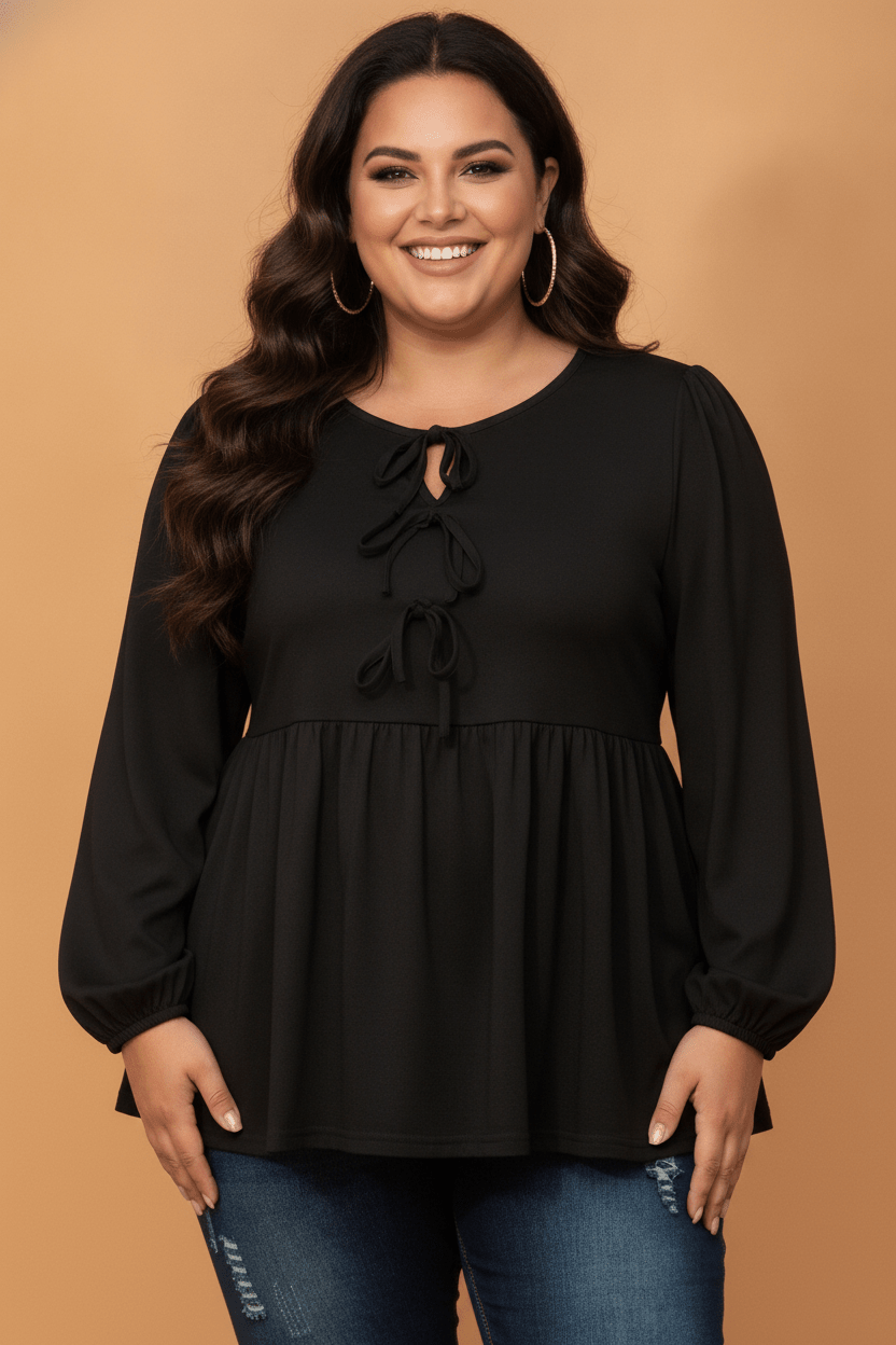 Plus Size Solid Bow Tie Front Long Sleeve Blouse - Rooted & Reckless Co.