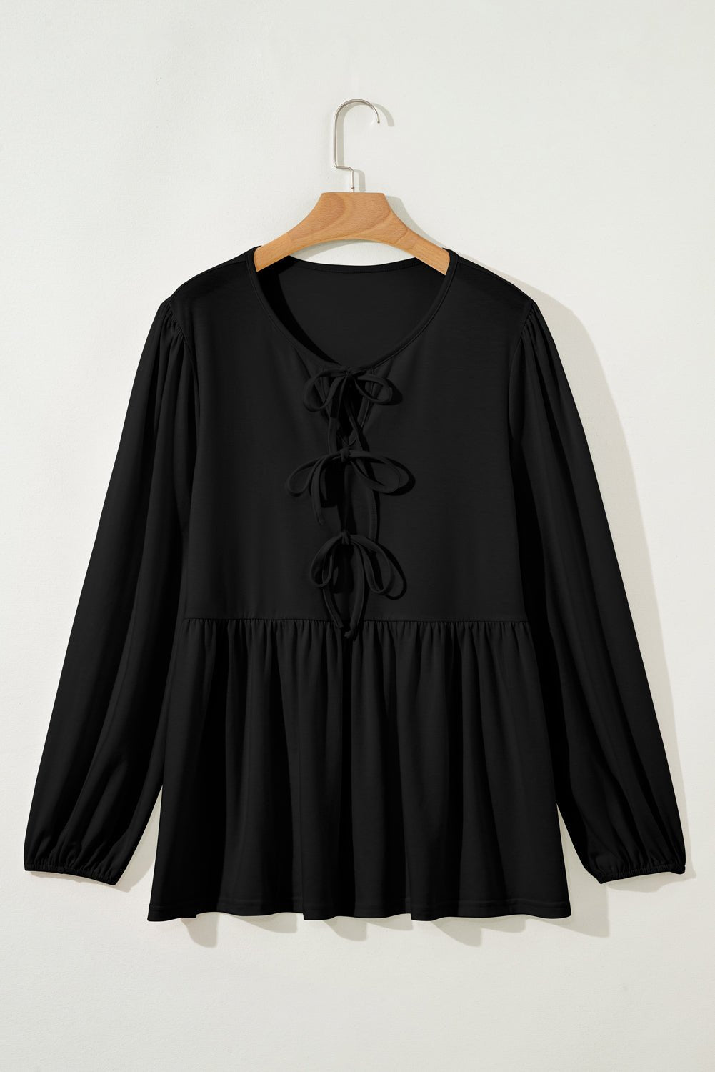 Plus Size Solid Bow Tie Front Long Sleeve Blouse - Rooted & Reckless Co.