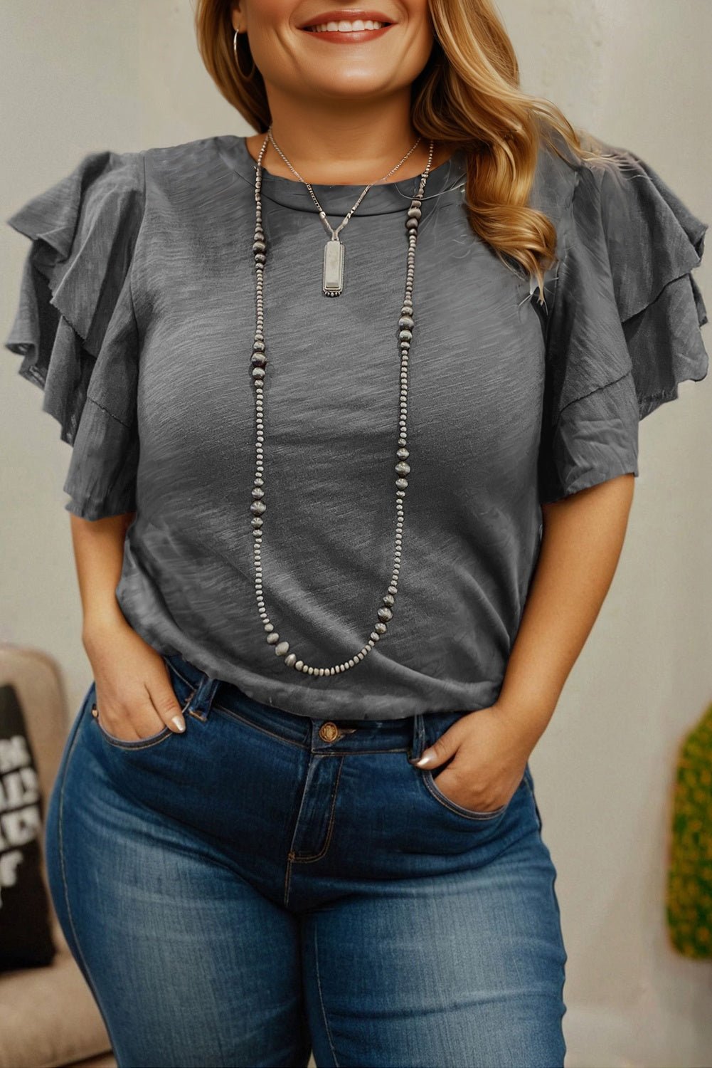 Plus Size Solid Layered Ruffle Short Sleeve Top - Rooted & Reckless Co.