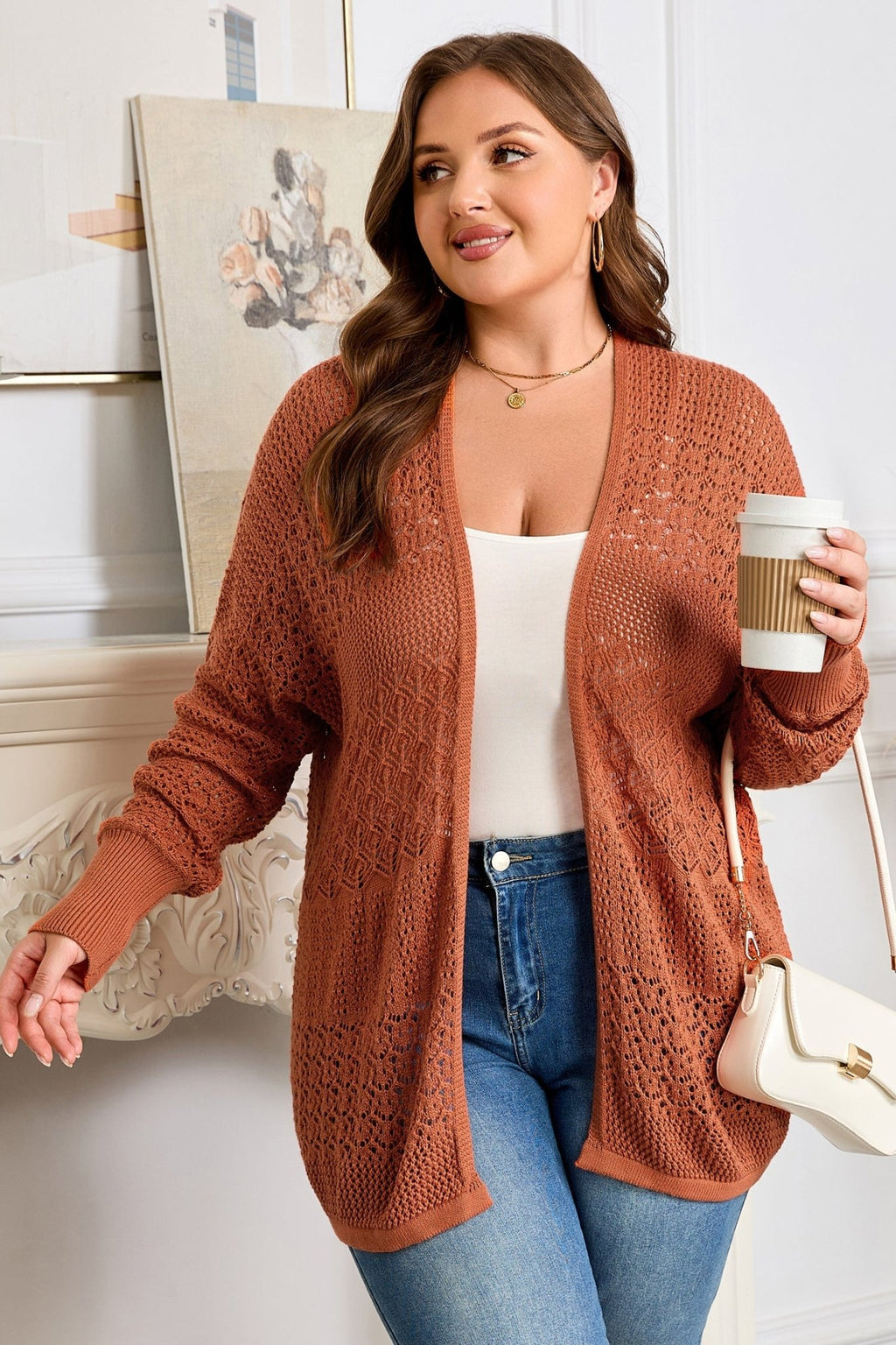 Plus Size Solid Pointelle Knit Open Front Cardigan - Rooted & Reckless Co.