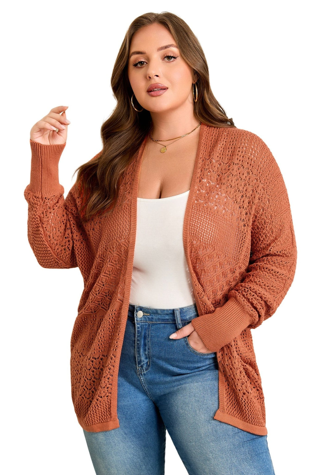 Plus Size Solid Pointelle Knit Open Front Cardigan - Rooted & Reckless Co.