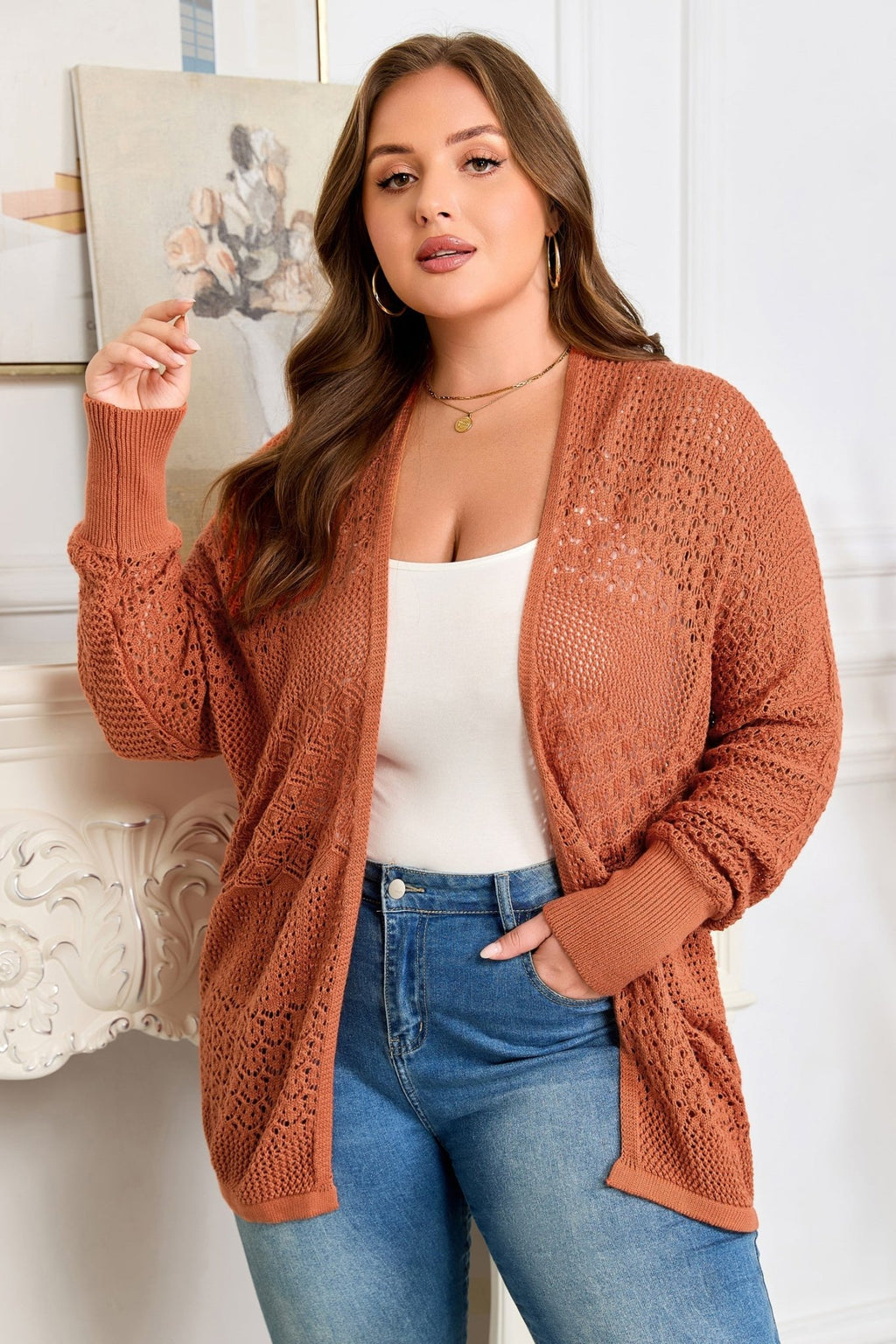Plus Size Solid Pointelle Knit Open Front Cardigan - Rooted & Reckless Co.
