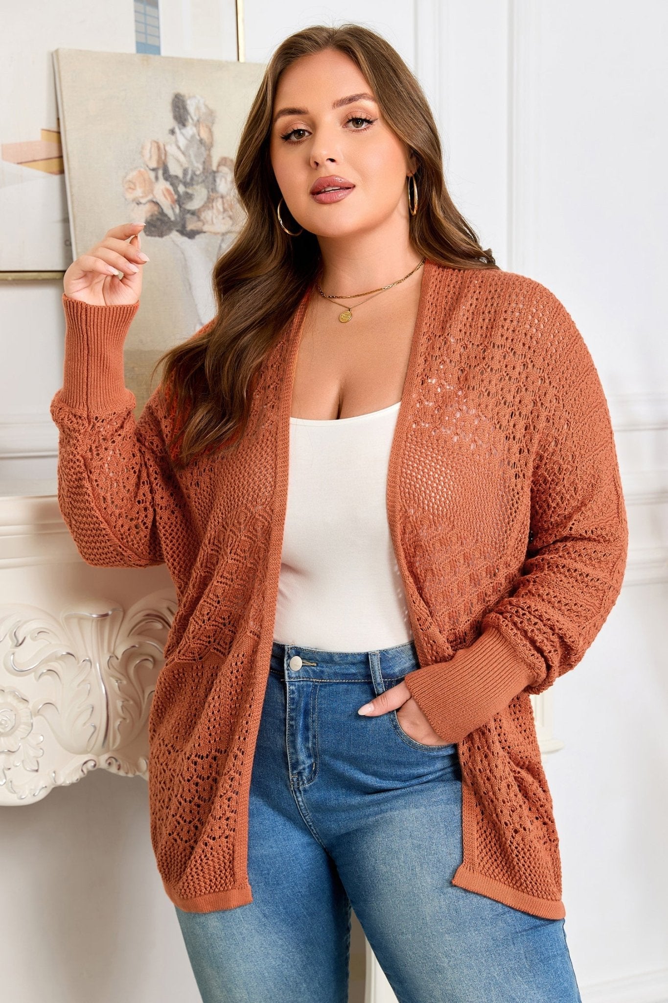 Plus Size Solid Pointelle Knit Open Front Cardigan - Rooted & Reckless Co.