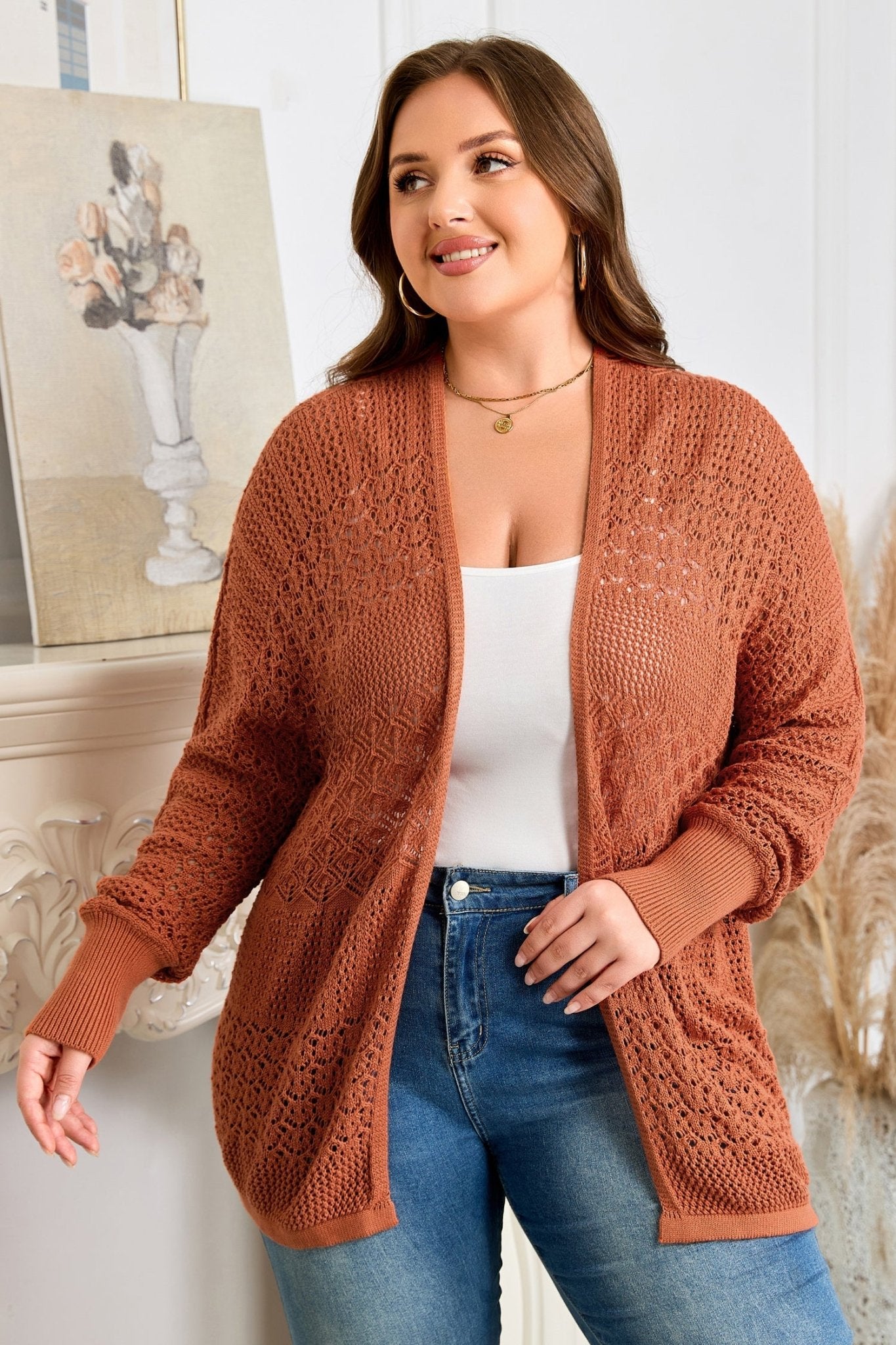 Plus Size Solid Pointelle Knit Open Front Cardigan - Rooted & Reckless Co.