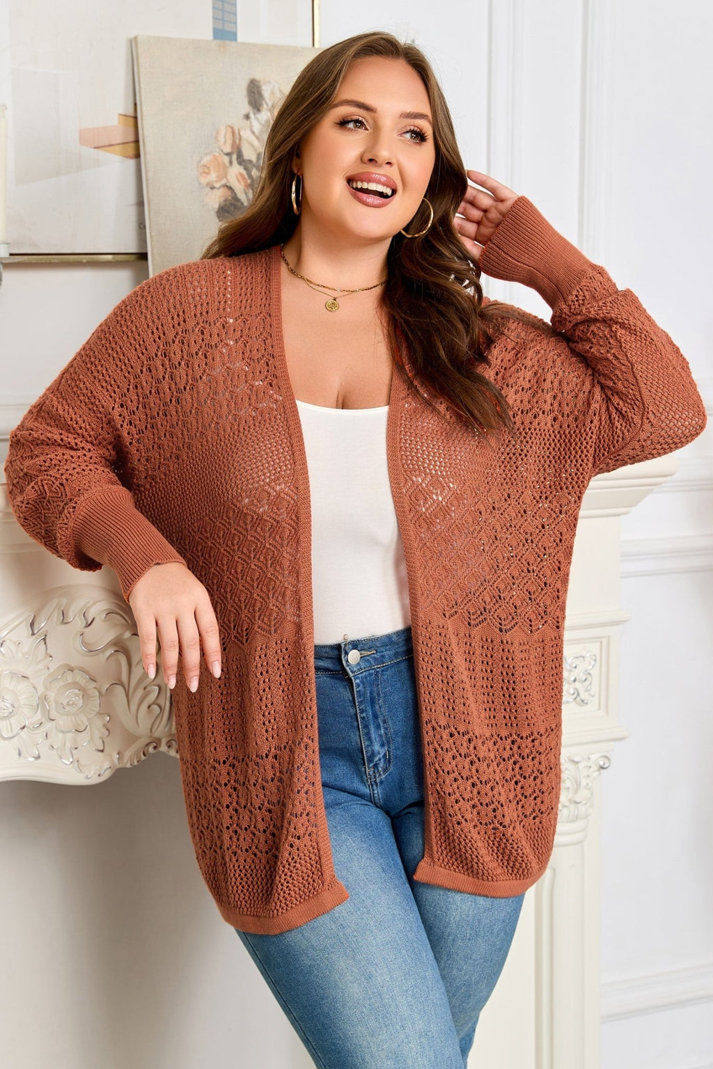 Plus Size Solid Pointelle Knit Open Front Cardigan - Rooted & Reckless Co.
