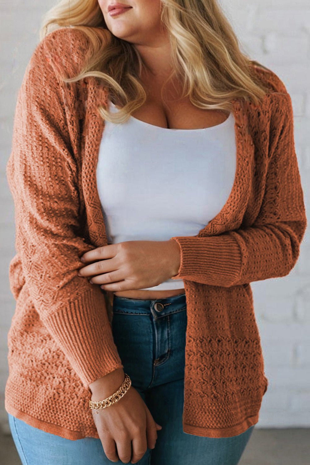 Plus Size Solid Pointelle Knit Open Front Cardigan - Rooted & Reckless Co.
