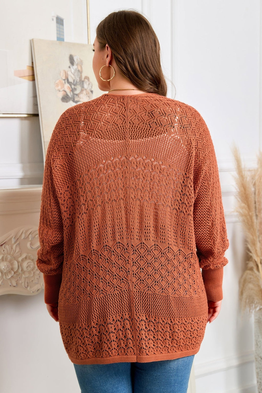 Plus Size Solid Pointelle Knit Open Front Cardigan - Rooted & Reckless Co.
