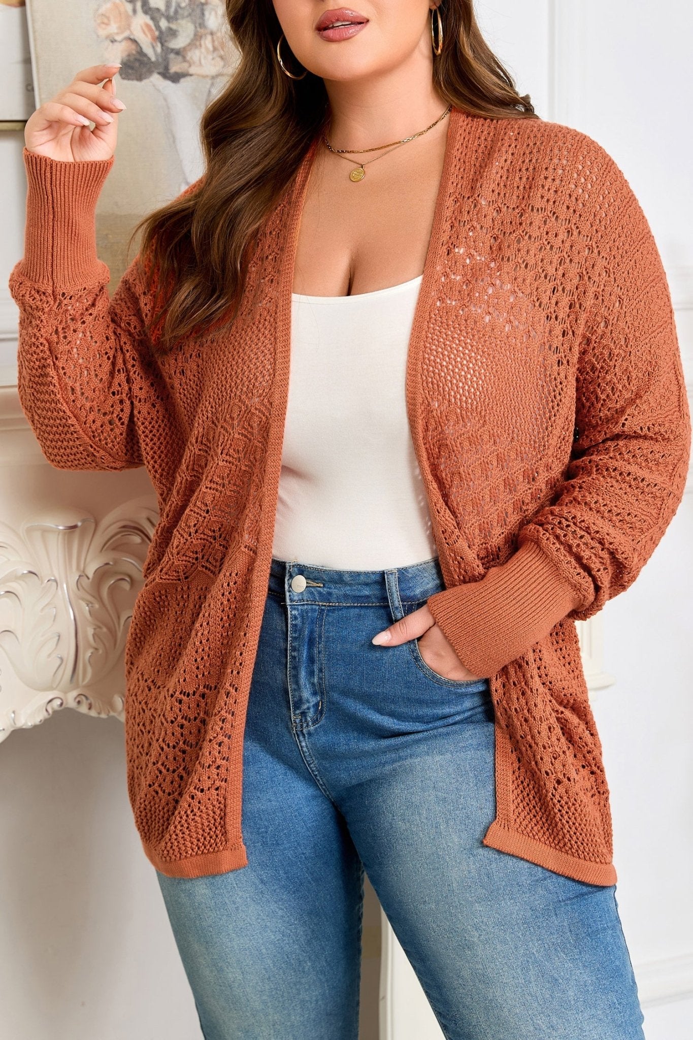 Plus Size Solid Pointelle Knit Open Front Cardigan - Rooted & Reckless Co.