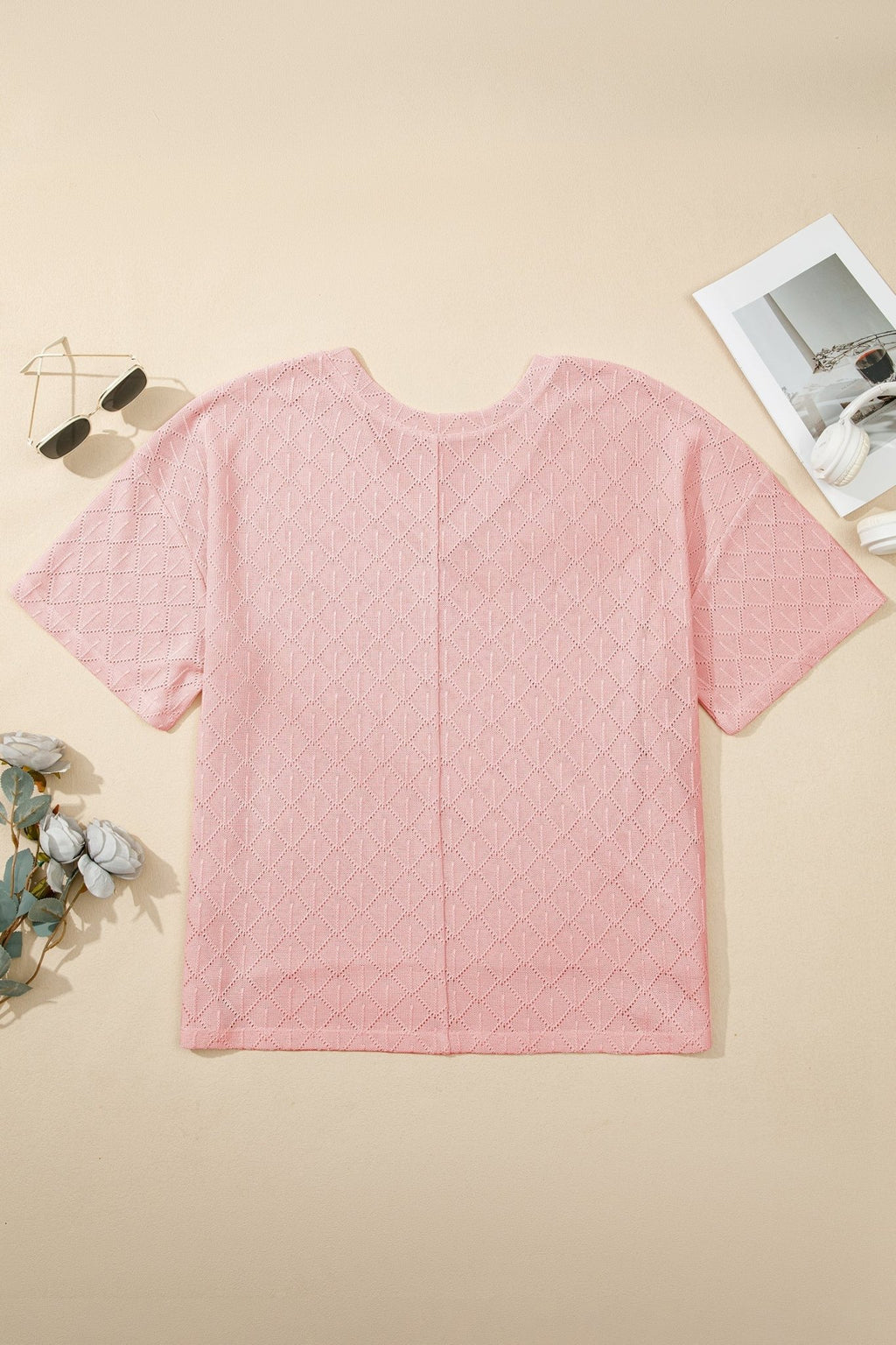 Plus Size Solid Pointelle Knit Rhombus V-Neck Top - Rooted & Reckless Co.