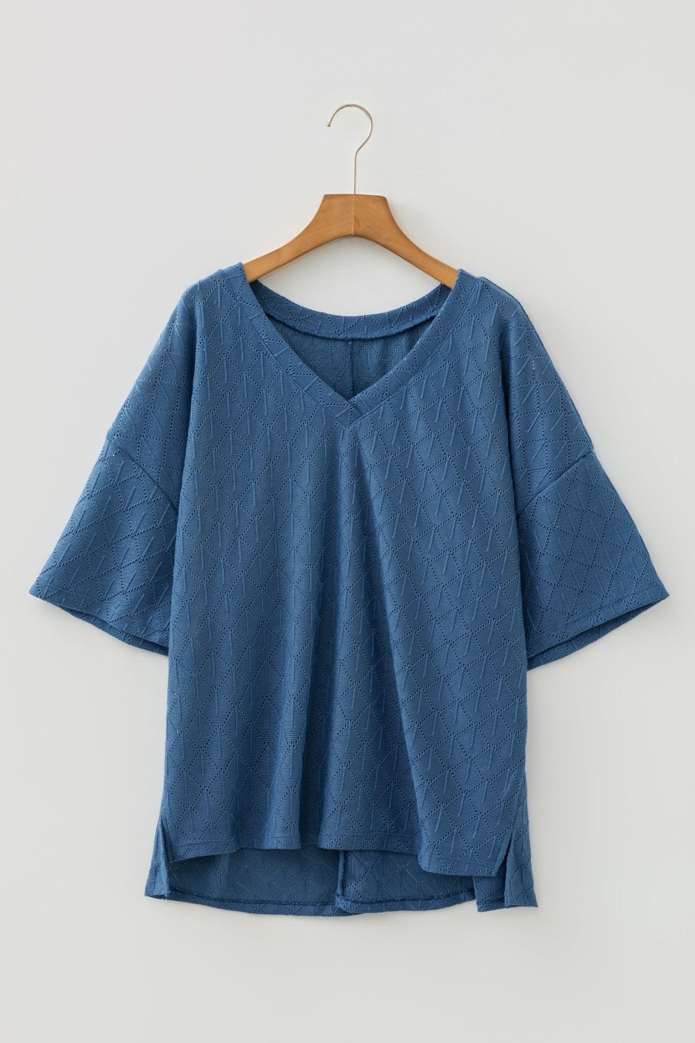 Plus Size Solid Pointelle Knit Rhombus V-Neck Top - Rooted & Reckless Co.