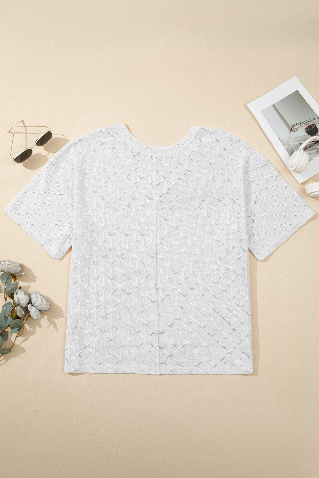 Plus Size Solid Pointelle Knit Rhombus V-Neck Top - Rooted & Reckless Co.