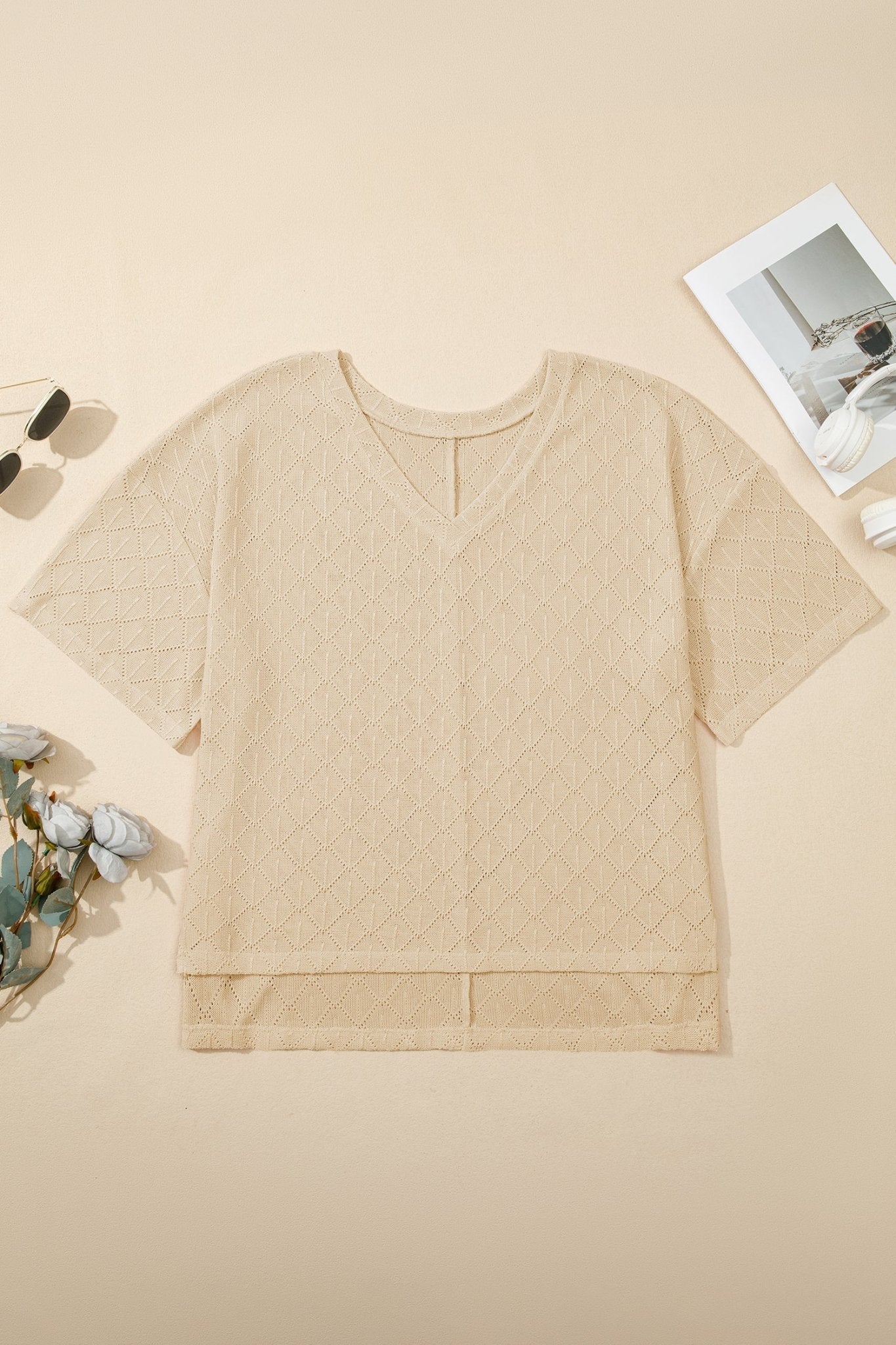 Plus Size Solid Pointelle Knit Rhombus V-Neck Top - Rooted & Reckless Co.