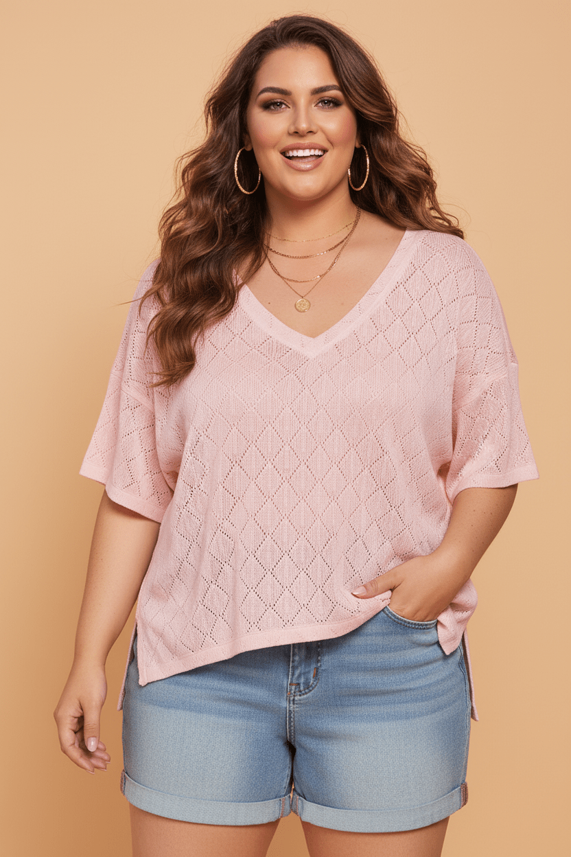 Plus Size Solid Pointelle Knit Rhombus V-Neck Top - Rooted & Reckless Co.
