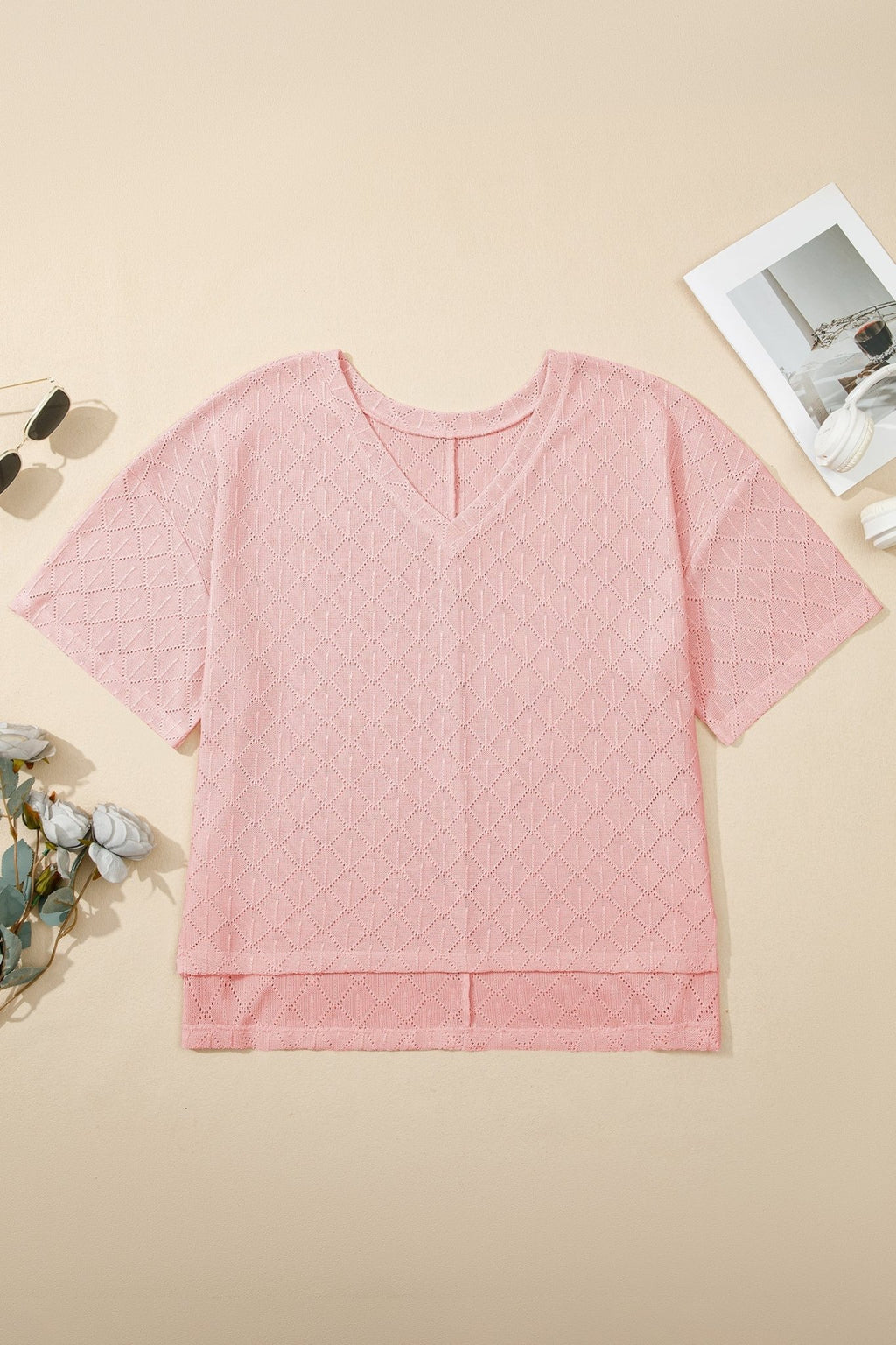 Plus Size Solid Pointelle Knit Rhombus V-Neck Top - Rooted & Reckless Co.