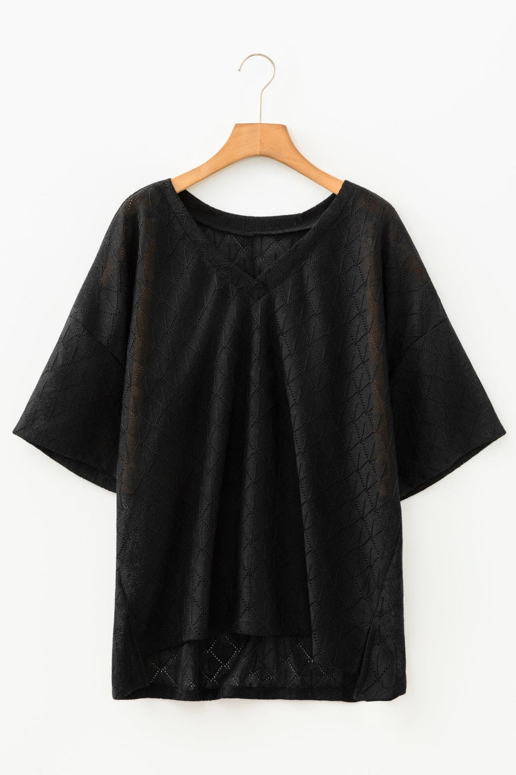 Plus Size Solid Pointelle Knit Rhombus V-Neck Top - Rooted & Reckless Co.