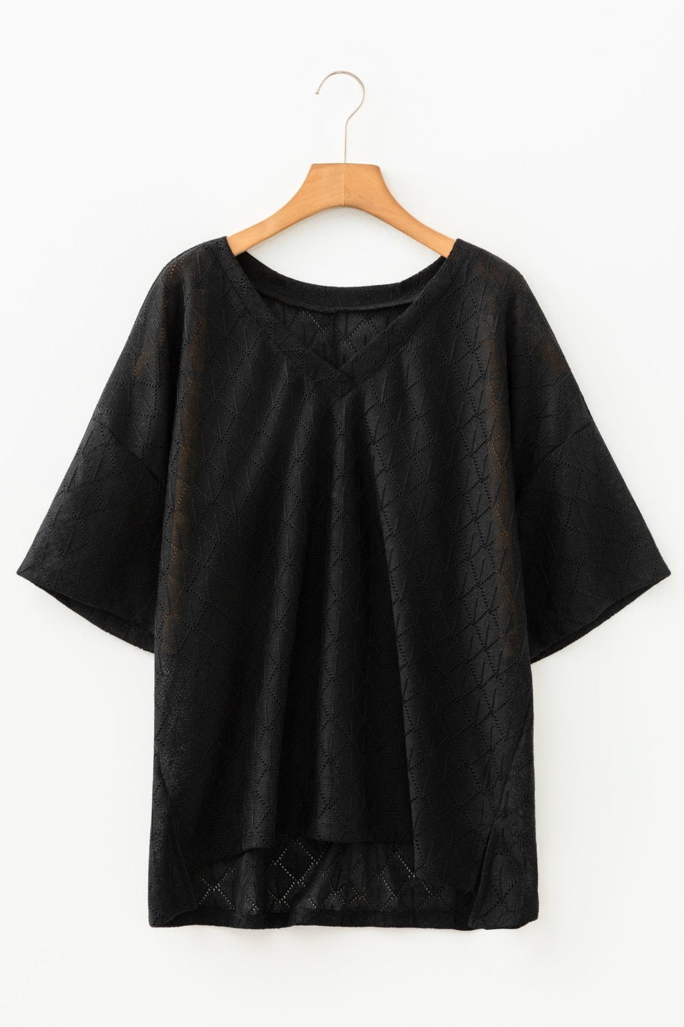 Plus Size Solid Pointelle Knit Rhombus V-Neck Top - Rooted & Reckless Co.