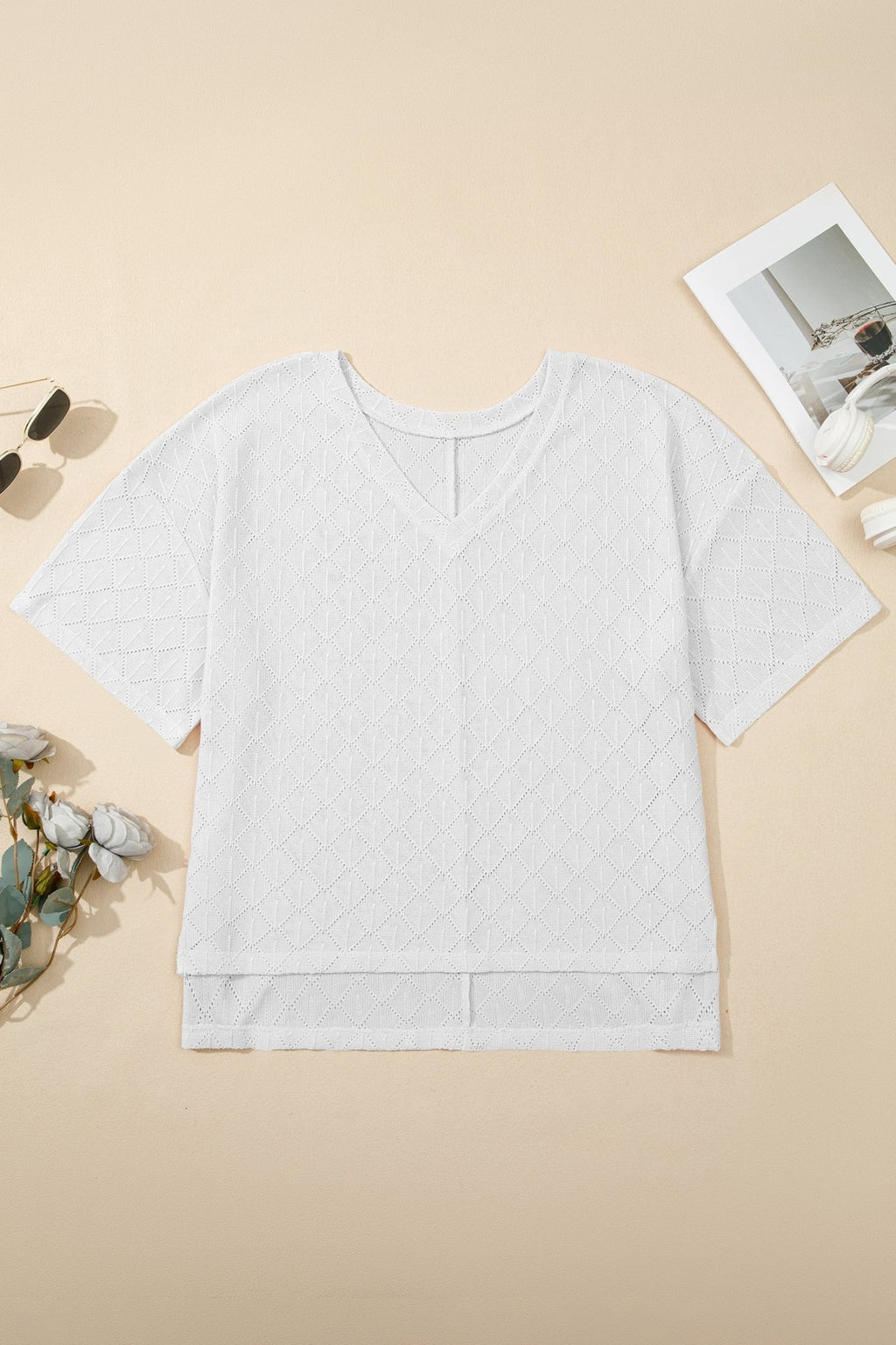 Plus Size Solid Pointelle Knit Rhombus V-Neck Top - Rooted & Reckless Co.
