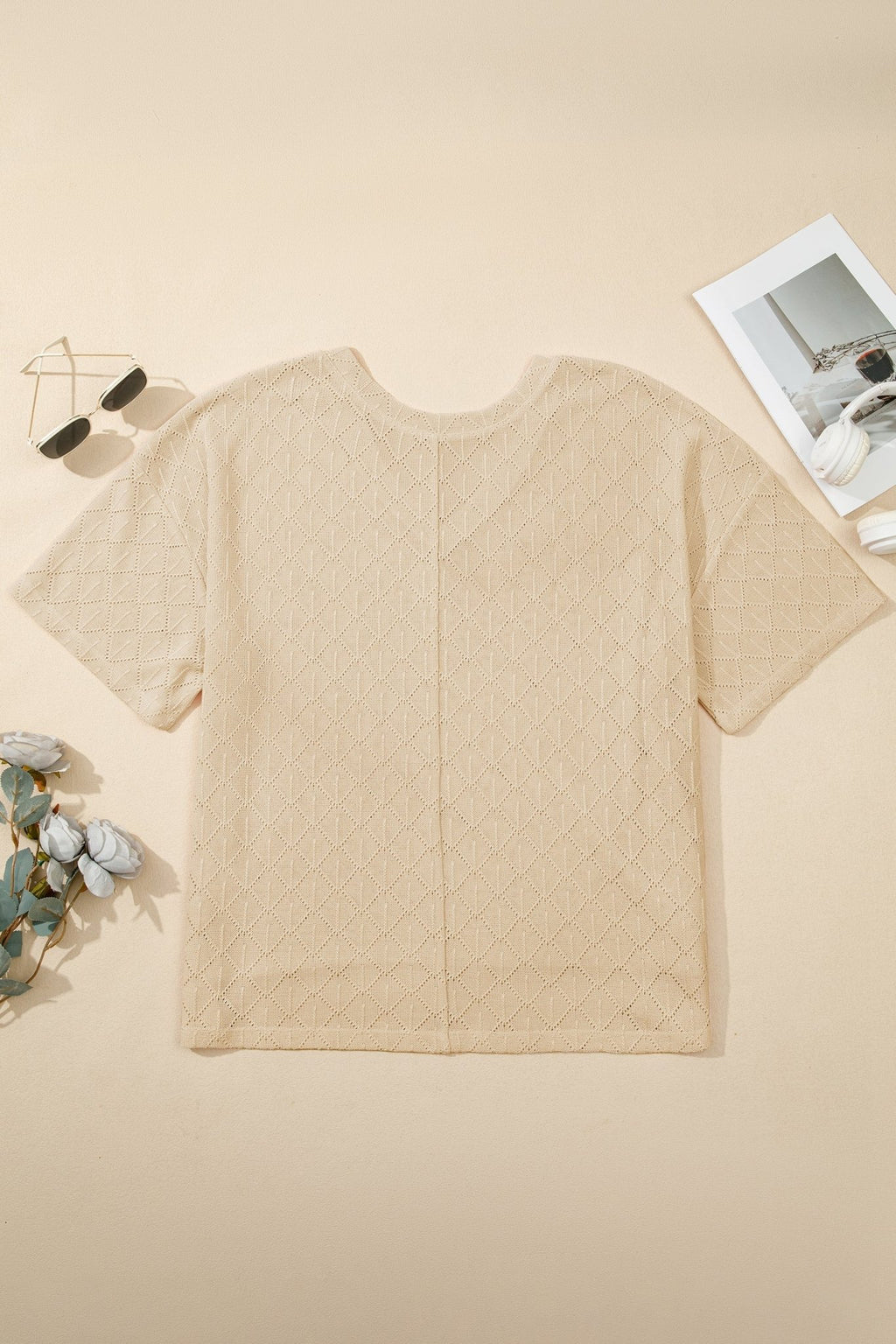 Plus Size Solid Pointelle Knit Rhombus V-Neck Top - Rooted & Reckless Co.
