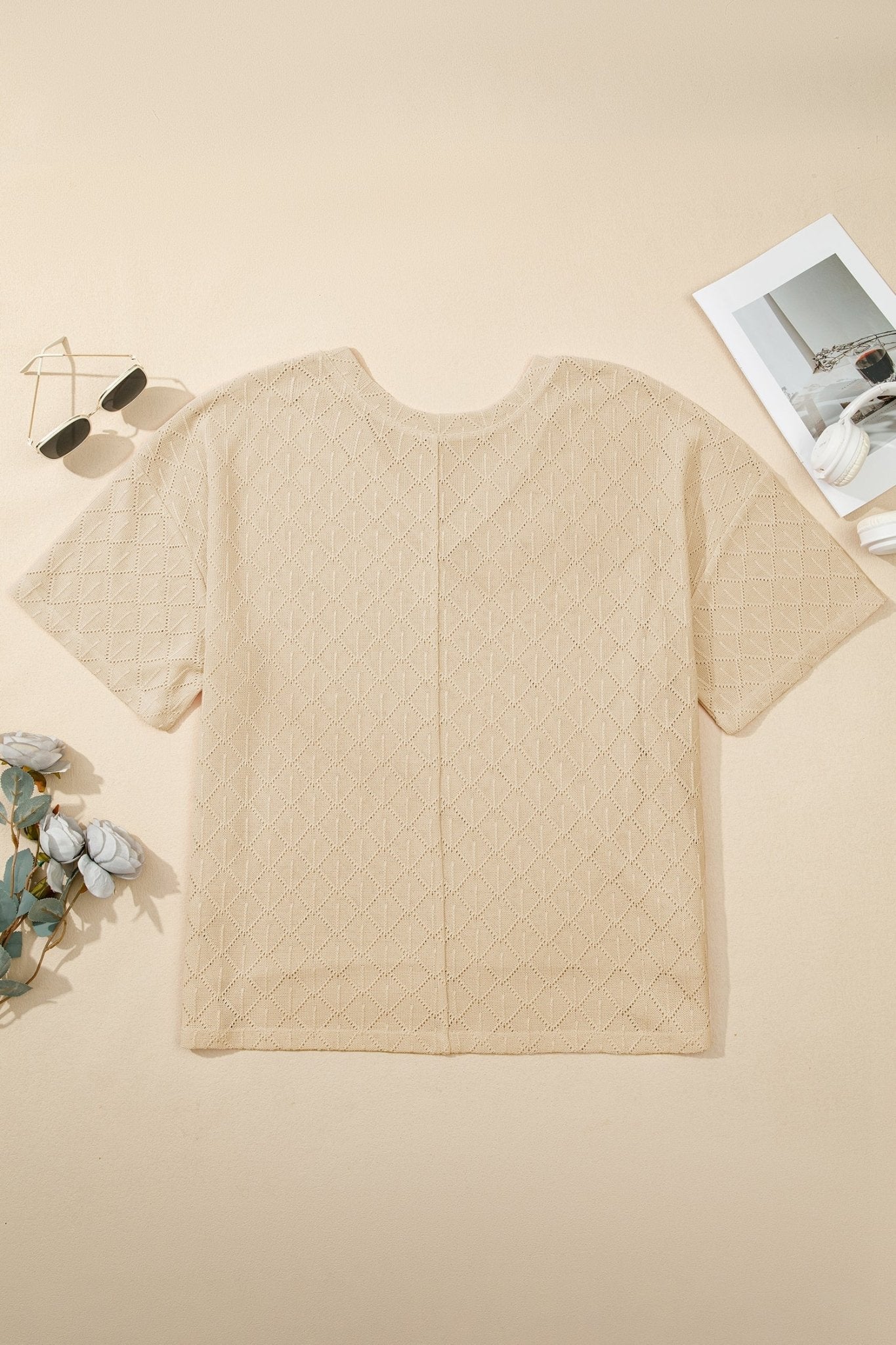 Plus Size Solid Pointelle Knit Rhombus V-Neck Top - Rooted & Reckless Co.