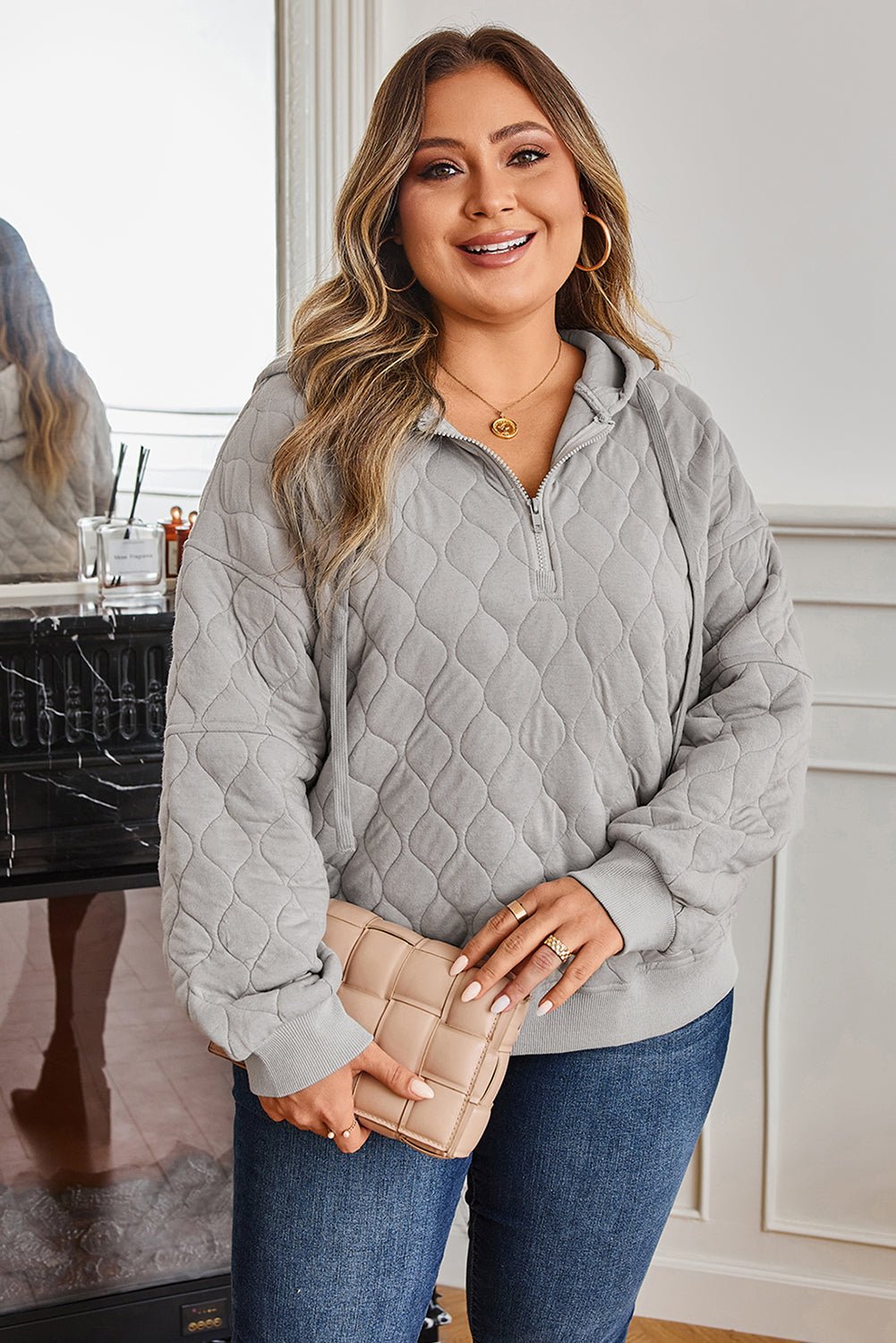 Plus Size Solid Quilted Quarter Zip Hoodie - Rooted & Reckless Co.