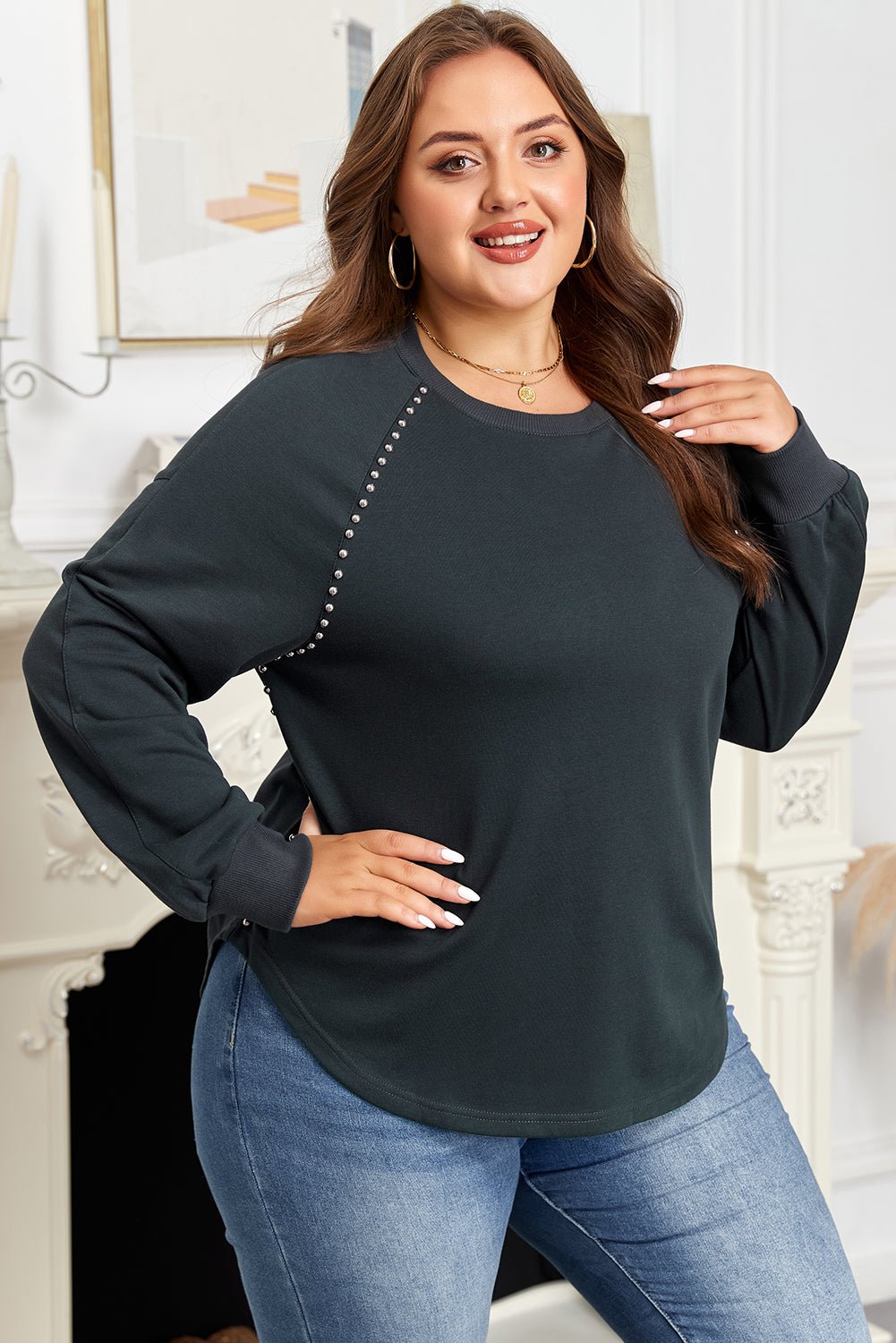 Plus Size Solid Ribbed Edge Studded Mineral Wash Top - Rooted & Reckless Co.