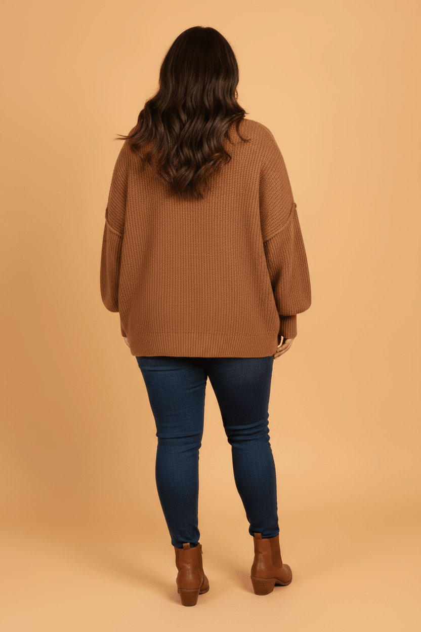 Plus Size Solid Ribbed Trim Long Sleeve Oversized Sweater - Rooted & Reckless Co.