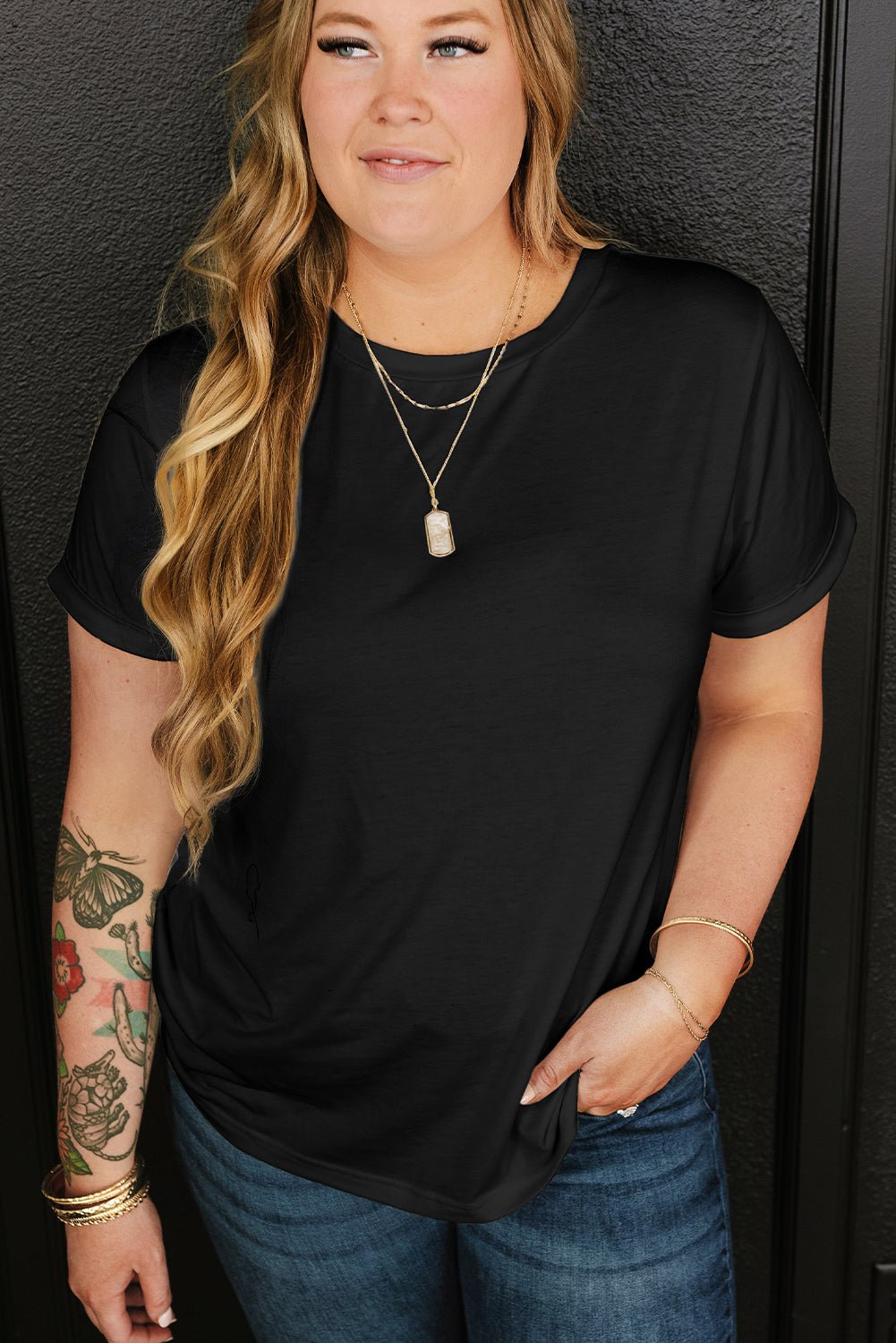 Plus Size Solid Rolled Short Sleeve T-Shirt - Rooted & Reckless Co.