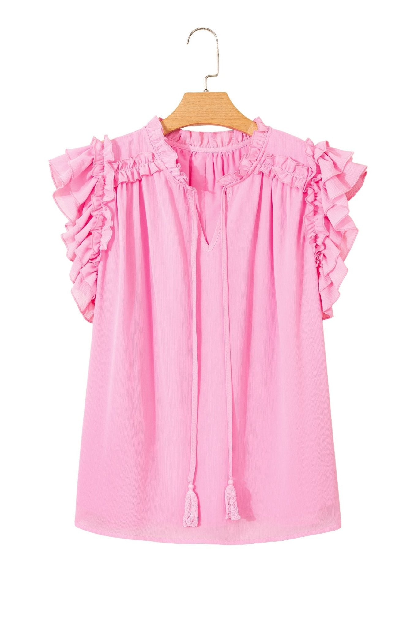 Plus Size Solid Ruffle Tassel Tie V-Neck Blouse - Rooted & Reckless Co.