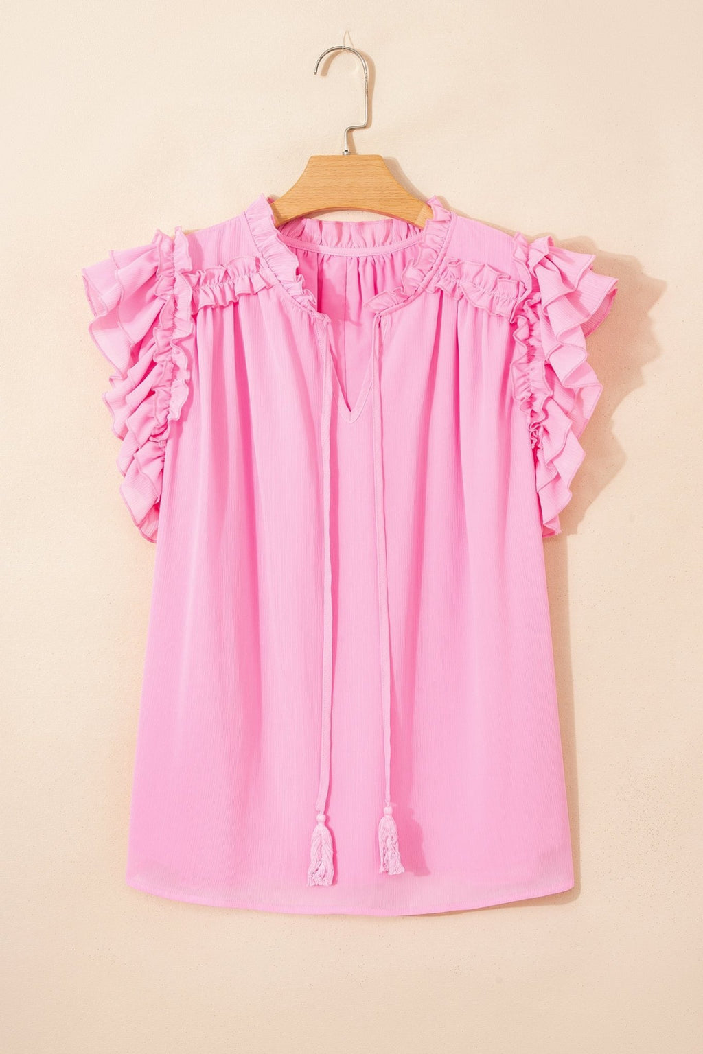 Plus Size Solid Ruffle Tassel Tie V-Neck Blouse - Rooted & Reckless Co.