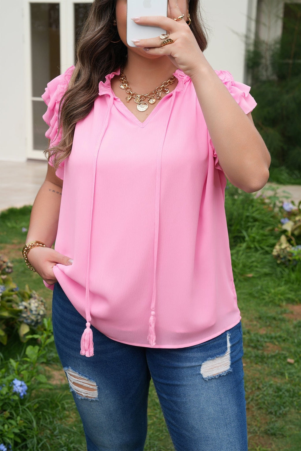 Plus Size Solid Ruffle Tassel Tie V-Neck Blouse - Rooted & Reckless Co.